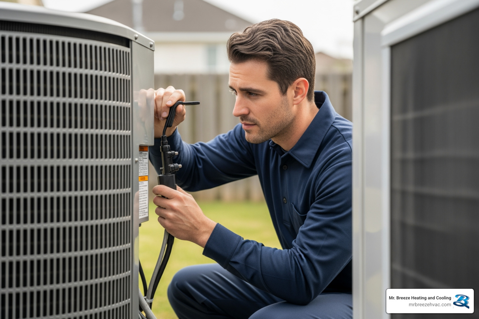 A technician performing maintenance on a heat pump outdoor unit, carefully checking components - reliable heat pump company in leavenworth, ks