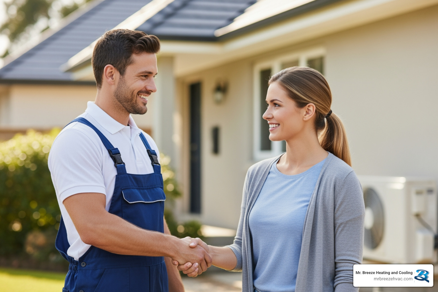 A friendly technician shaking hands with a homeowner outside their home, both smiling - reliable heat pump company in leavenworth, ks