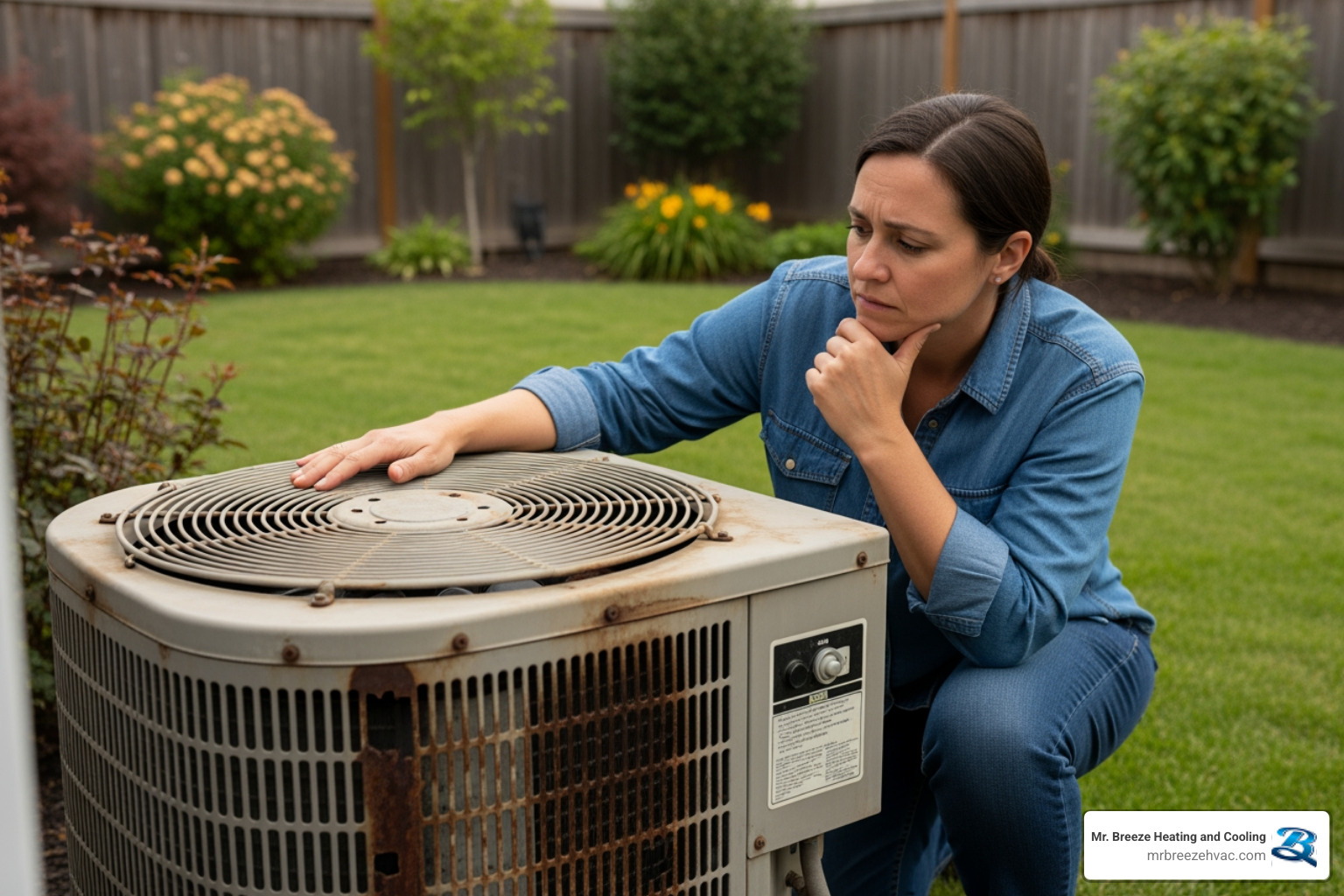 A homeowner looking thoughtfully at their old outdoor HVAC unit, appearing concerned - reliable heat pump company in leavenworth, ks