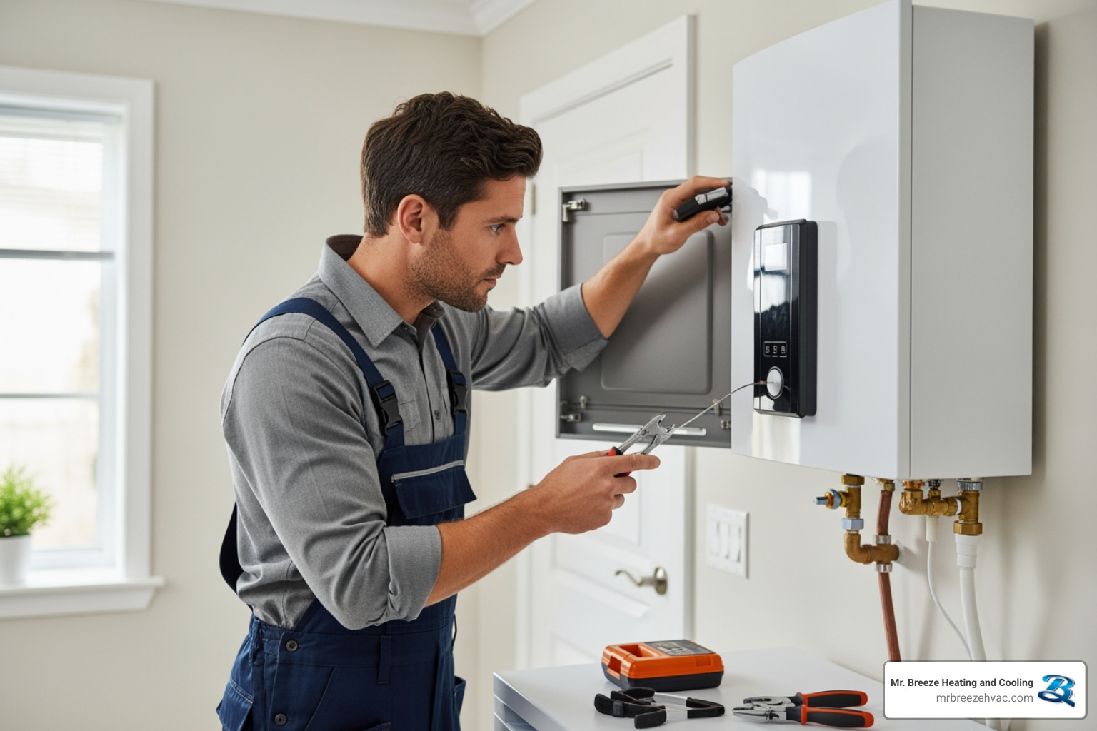technician working on a tankless water heater unit - certified water heater technician in basehor, ks