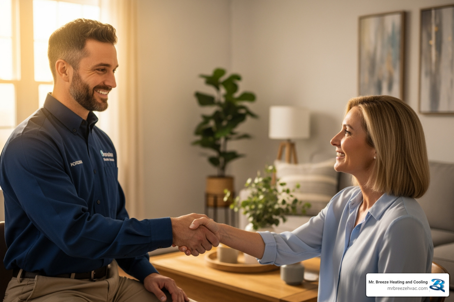 homeowner shaking hands with a friendly technician - certified water heater technician in basehor, ks