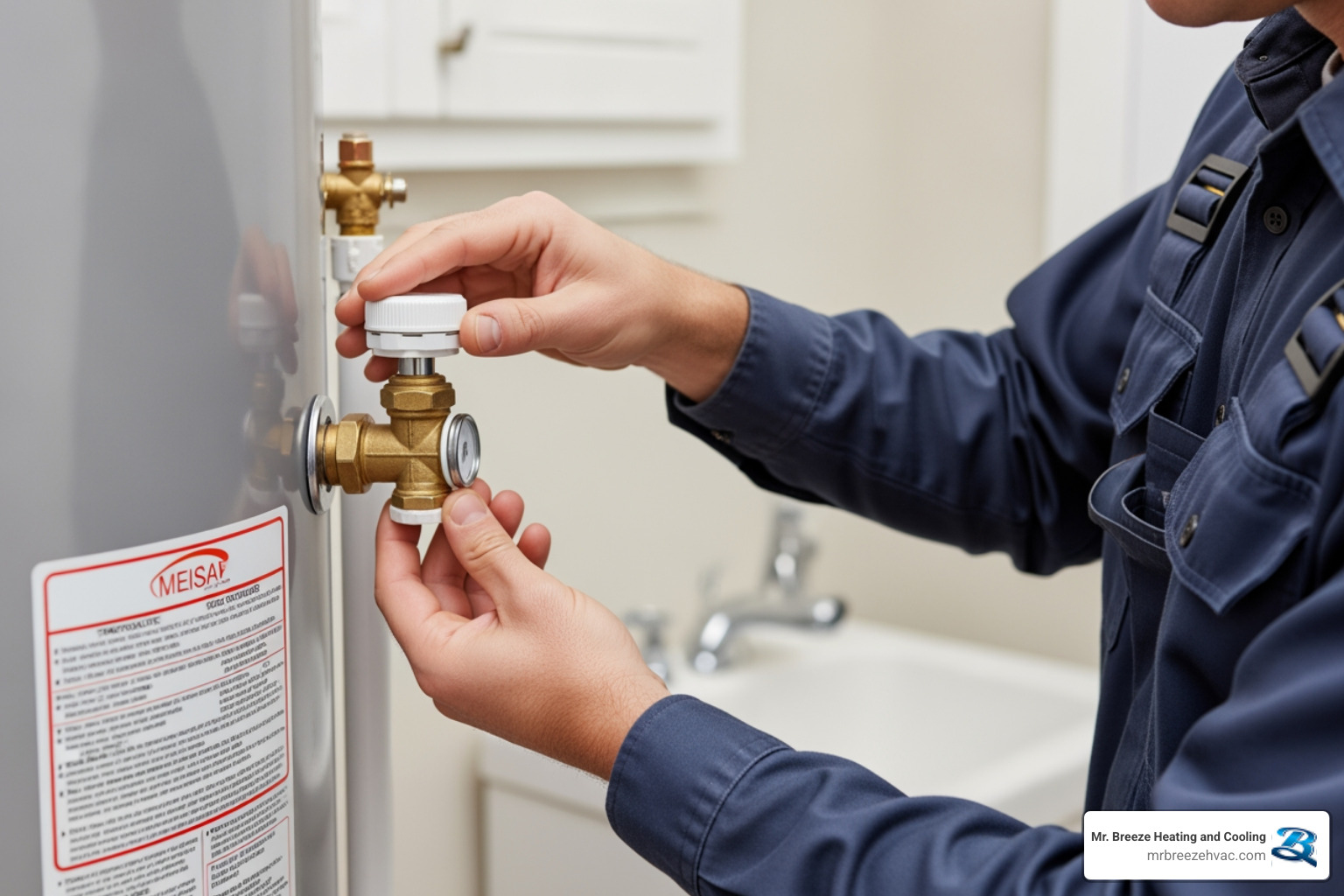 technician inspecting a water heater's temperature and pressure relief valve - certified water heater technician in basehor, ks