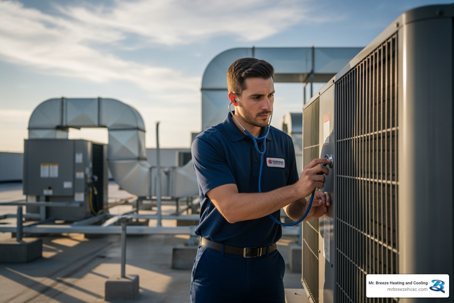 HVAC technician listening to a commercial unit - commercial hvac making noise in basehor, ks