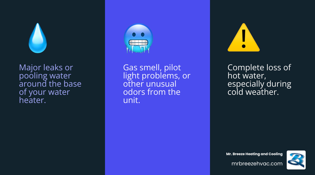 Infographic showing the top 3 signs of a water heater emergency: 1. Major leaks or pooling water around the base, 2. Complete loss of hot water in cold weather, 3. Gas smell or pilot light problems near the unit - emergency water heater repair in basehor, ks infographic 3_facts_emoji_blue