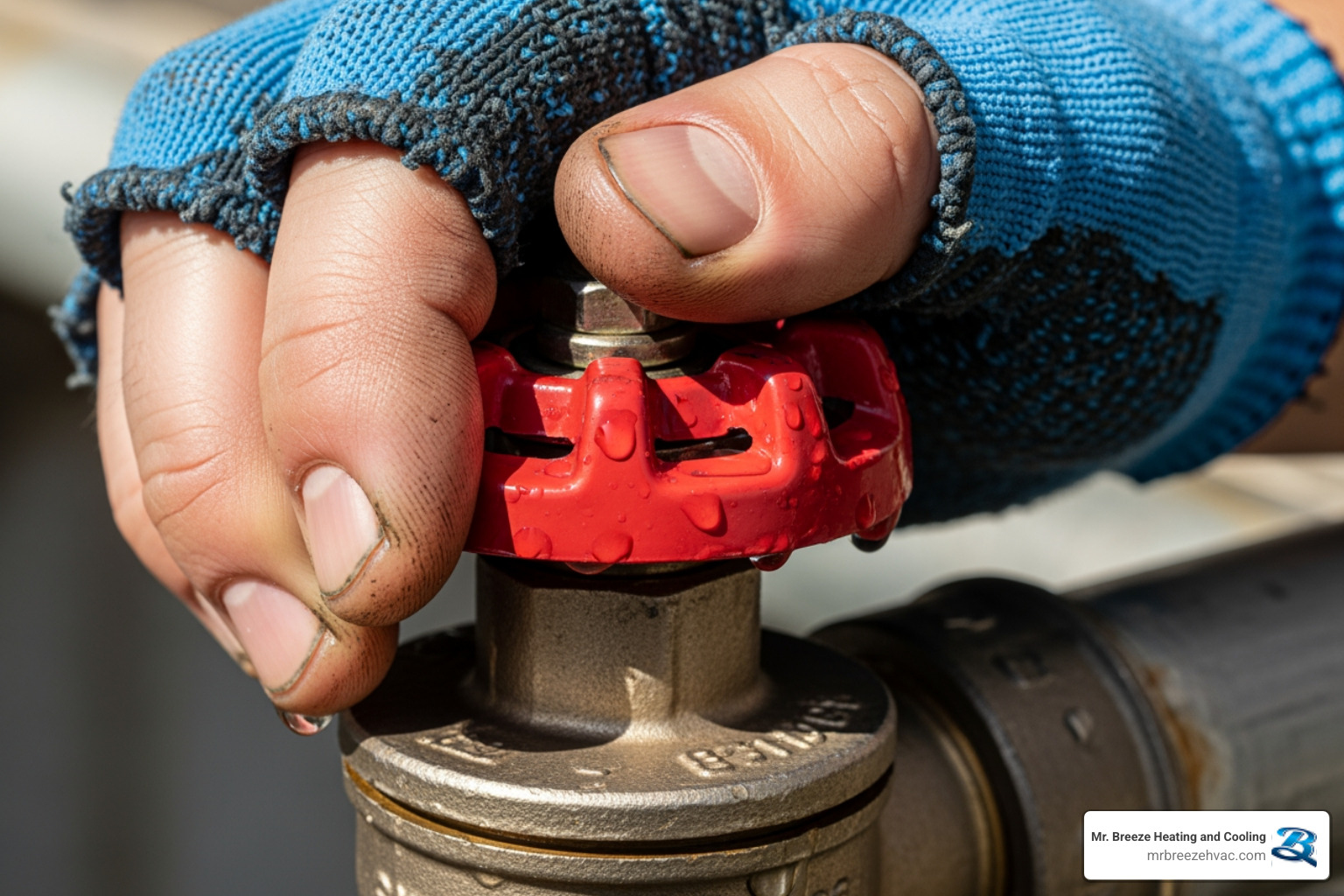Hand turning a red-handled shut-off valve on a pipe - emergency water heater repair in basehor, ks