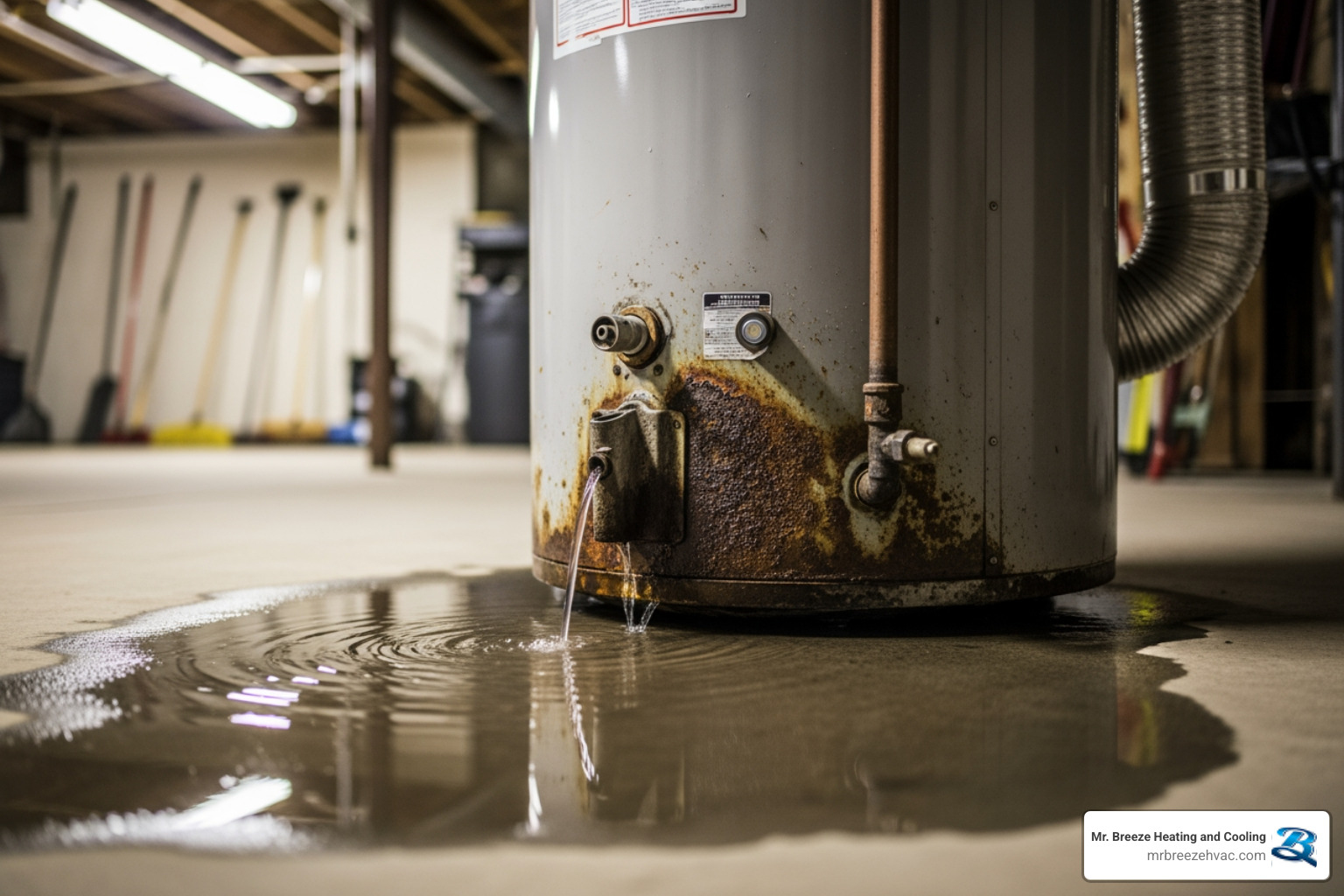 Water pooling at the base of a water heater tank - emergency water heater repair in basehor, ks