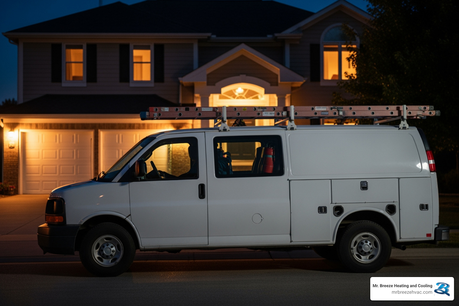 of a technician's van arriving at a home at night - 24/7 heat pump repair in basehor, ks of a technician's van arriving at a home at night - 24/7 heat pump repair in basehor, ks