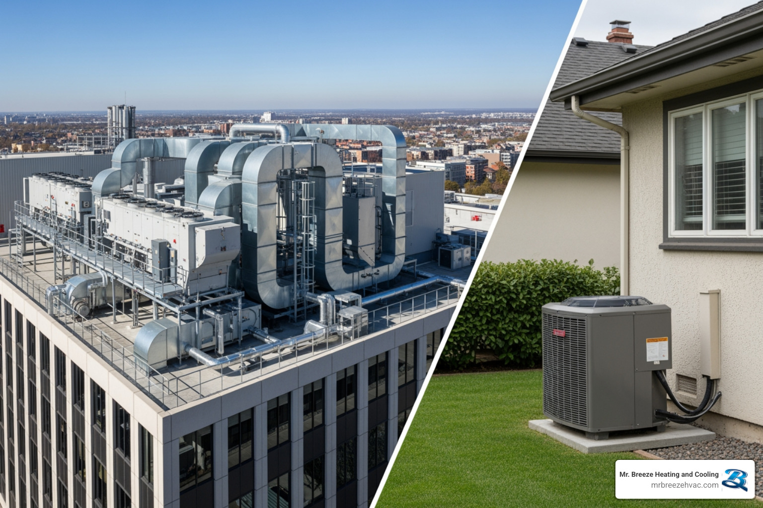 Infographic showing key differences between residential and commercial HVAC systems: commercial systems feature larger capacity (5-30+ tons vs 1.5-5 tons), rooftop or central placement vs ground-level units, multi-zone capabilities, longer operating hours (24/7 vs 8-12 hours), and more complex maintenance requirements - commercial hvac repair in overland park, ks