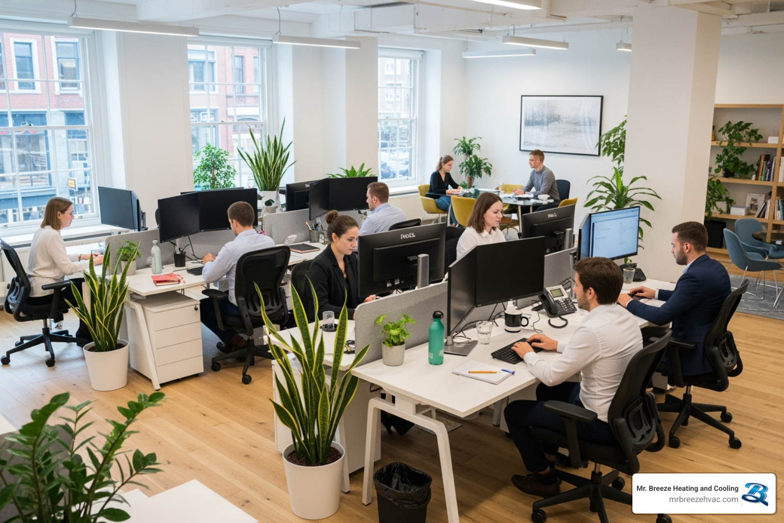 A bright, clean, and comfortable office environment with employees working productively. - commercial hvac repair in overland park, ks