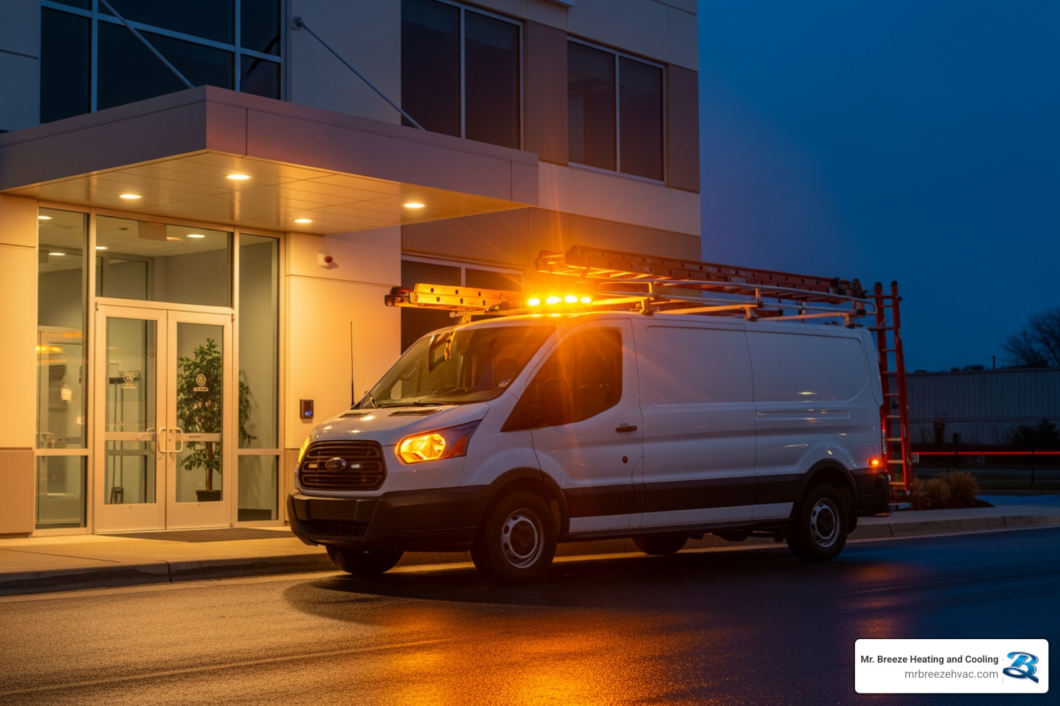 Service van with lights on, arriving at a commercial building entrance at night, indicating emergency service. - commercial hvac repair in overland park, ks