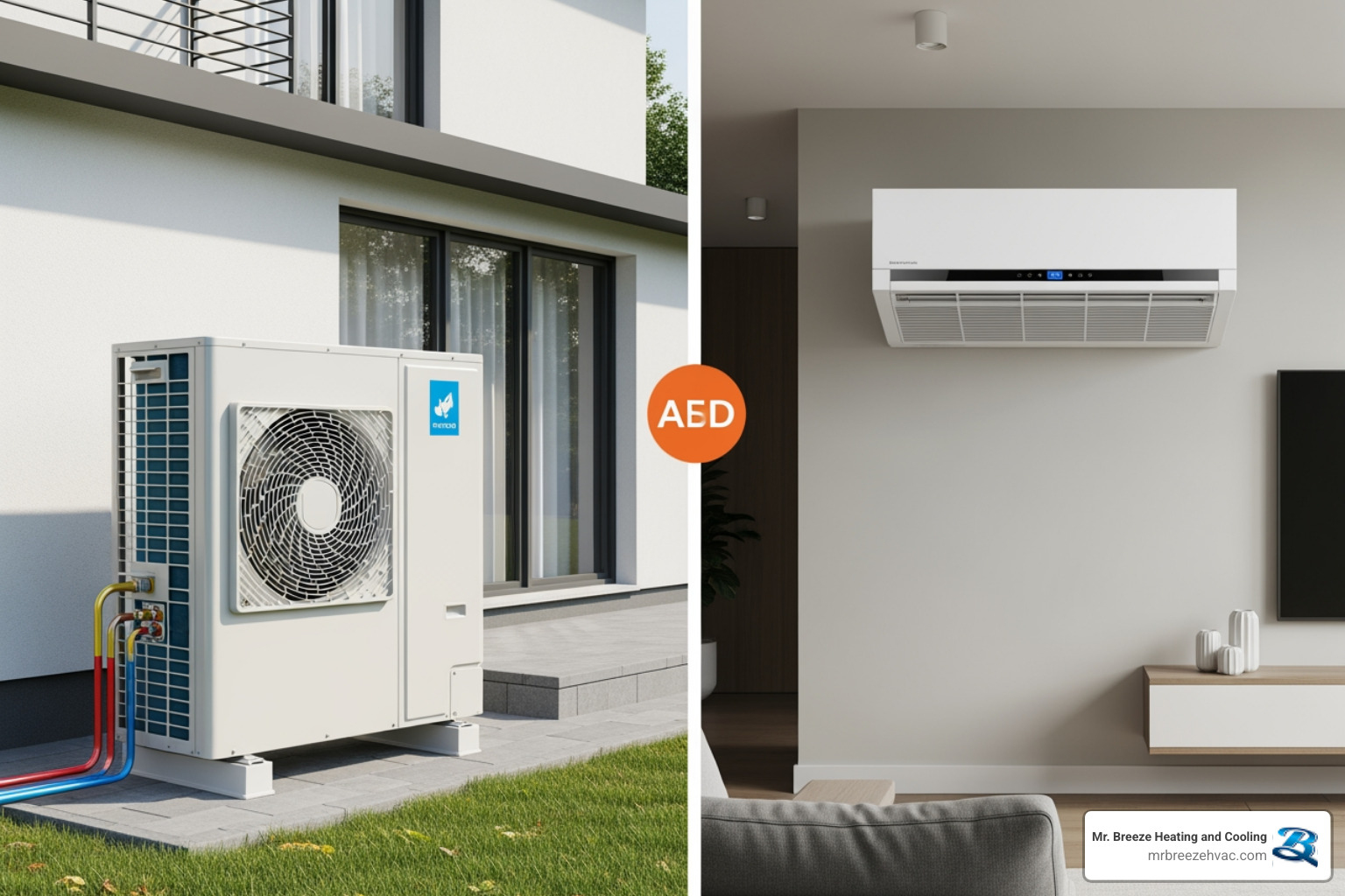 showing the difference between an air-source unit and a ductless mini-split head - heat pump installation in leavenworth, ks