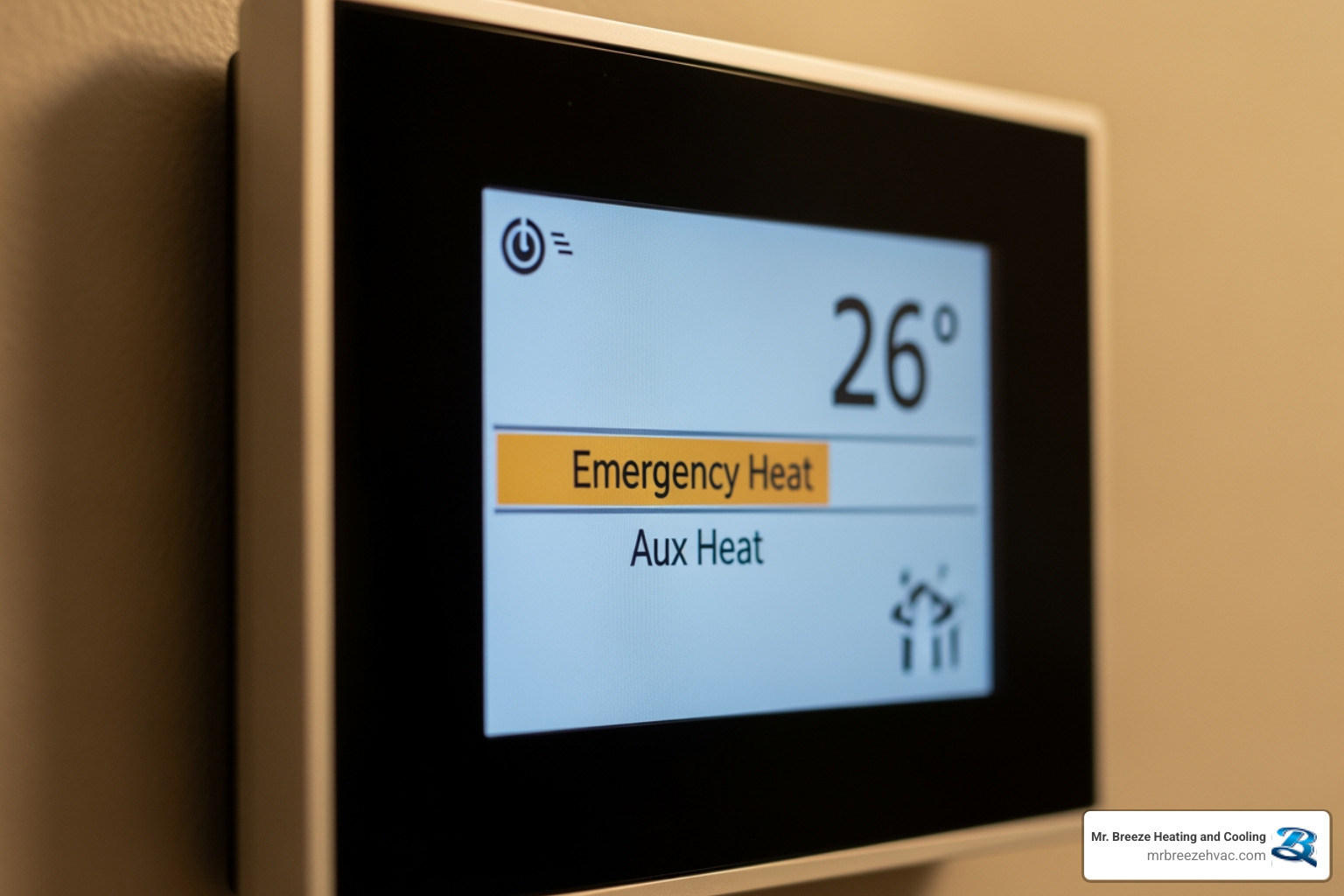 thermostat with the "Emergency Heat" setting highlighted - heat pump frozen in easton, ks thermostat with the "Emergency Heat" setting highlighted - heat pump frozen in easton, ks