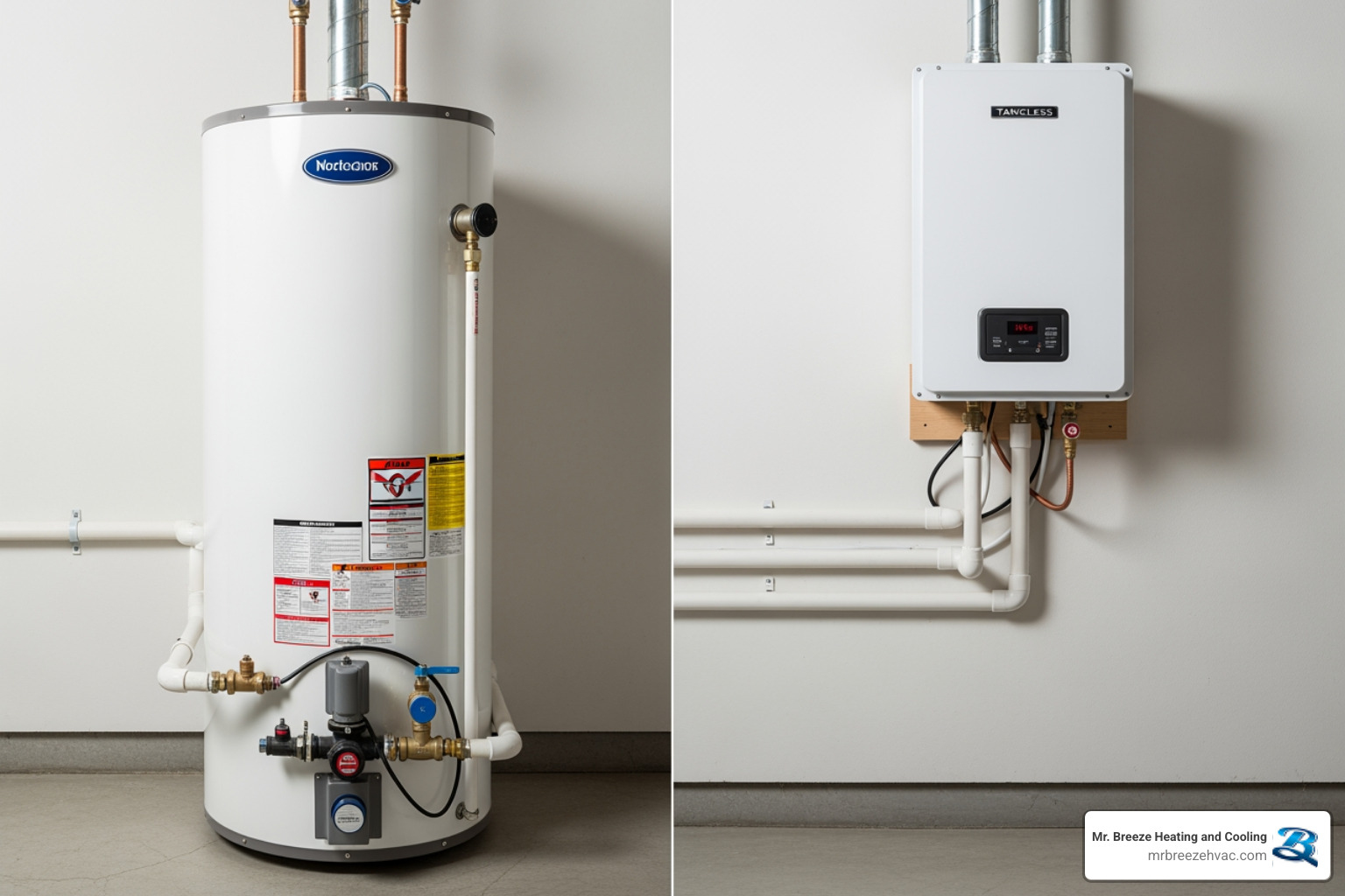 side-by-side images of a tank and a tankless water heater - new water heater installation in basehor, ks side-by-side images of a tank and a tankless water heater - new water heater installation in basehor, ks