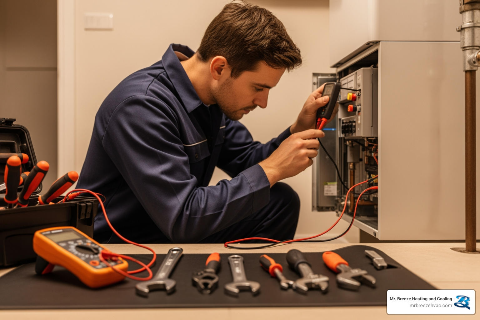 Technician performing maintenance on a heating unit - affordable heating repair in kansas city, ks Technician performing maintenance on a heating unit - affordable heating repair in kansas city, ks