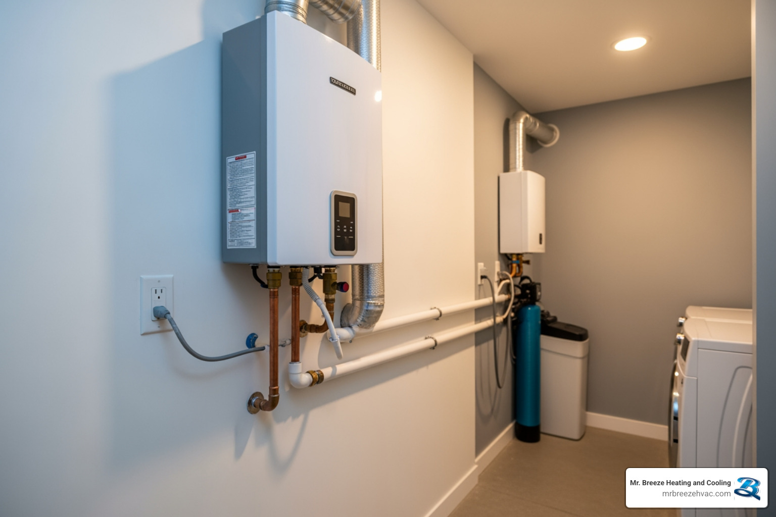 newly installed, clean tankless water heater on a wall - affordable water heater service in prairie village, ks