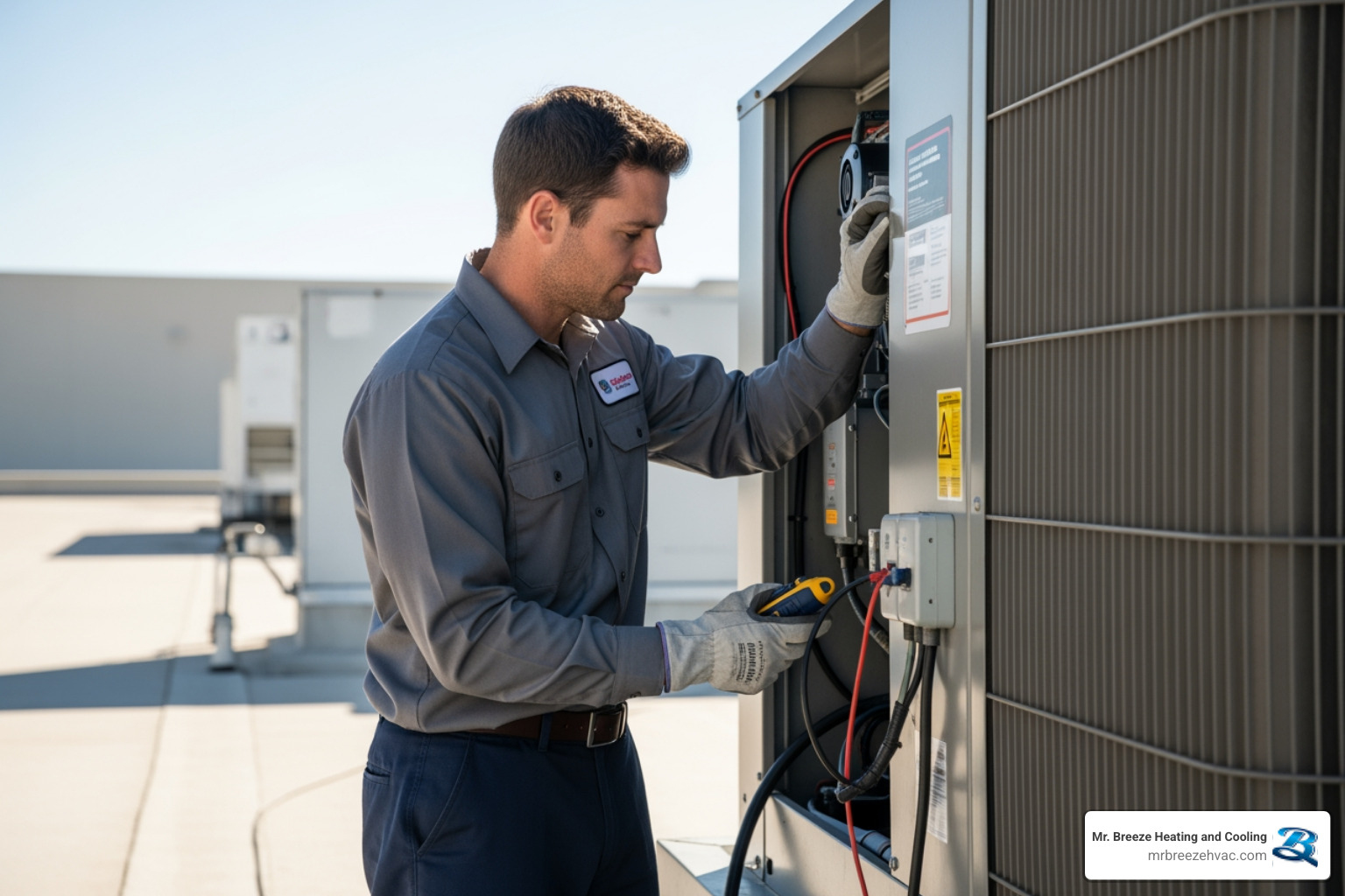 A technician inspecting a commercial rooftop HVAC unit - affordable commercial hvac repair in basehor, ks A technician inspecting a commercial rooftop HVAC unit - affordable commercial hvac repair in basehor, ks