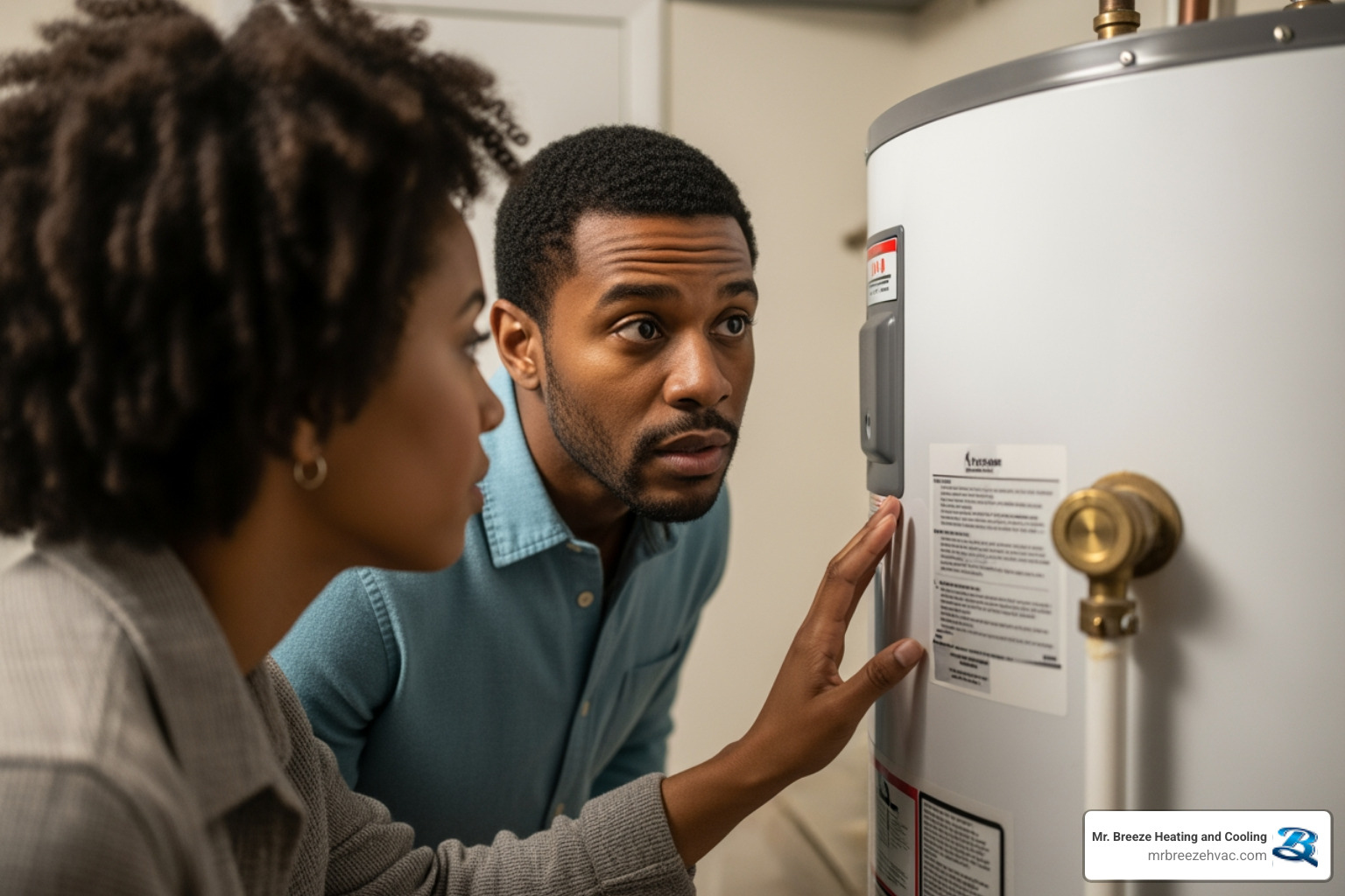 Infographic showing 5 critical warning signs your water heater needs emergency repair: 1. No hot water or only lukewarm water flowing from taps, 2. Water pooling or active leaks around the base of the tank, 3. Rust-colored or foul-smelling water from hot water taps, 4. Loud popping, banging, or rumbling sounds from the unit, 5. Pilot light that won't stay lit or keeps going out - 24/7 water heater repair in liberty, mo