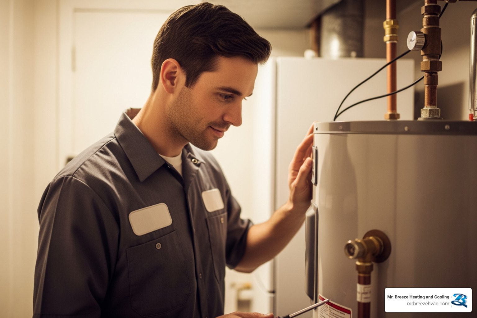 professional technician inspecting a water heater - 24/7 water heater repair in liberty, mo