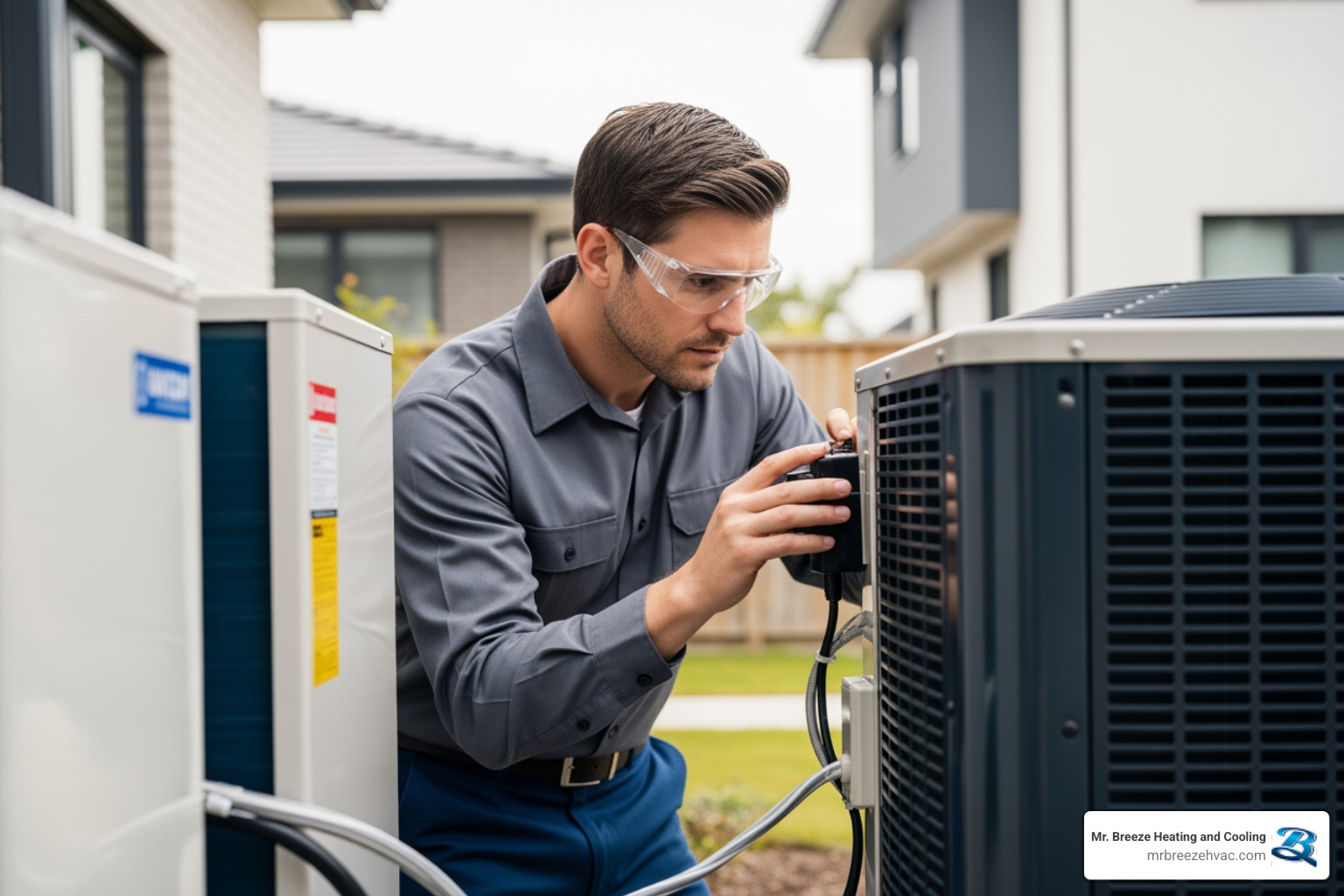 technician inspecting outdoor heat pump unit - heat pump repair in prairie village, ks
