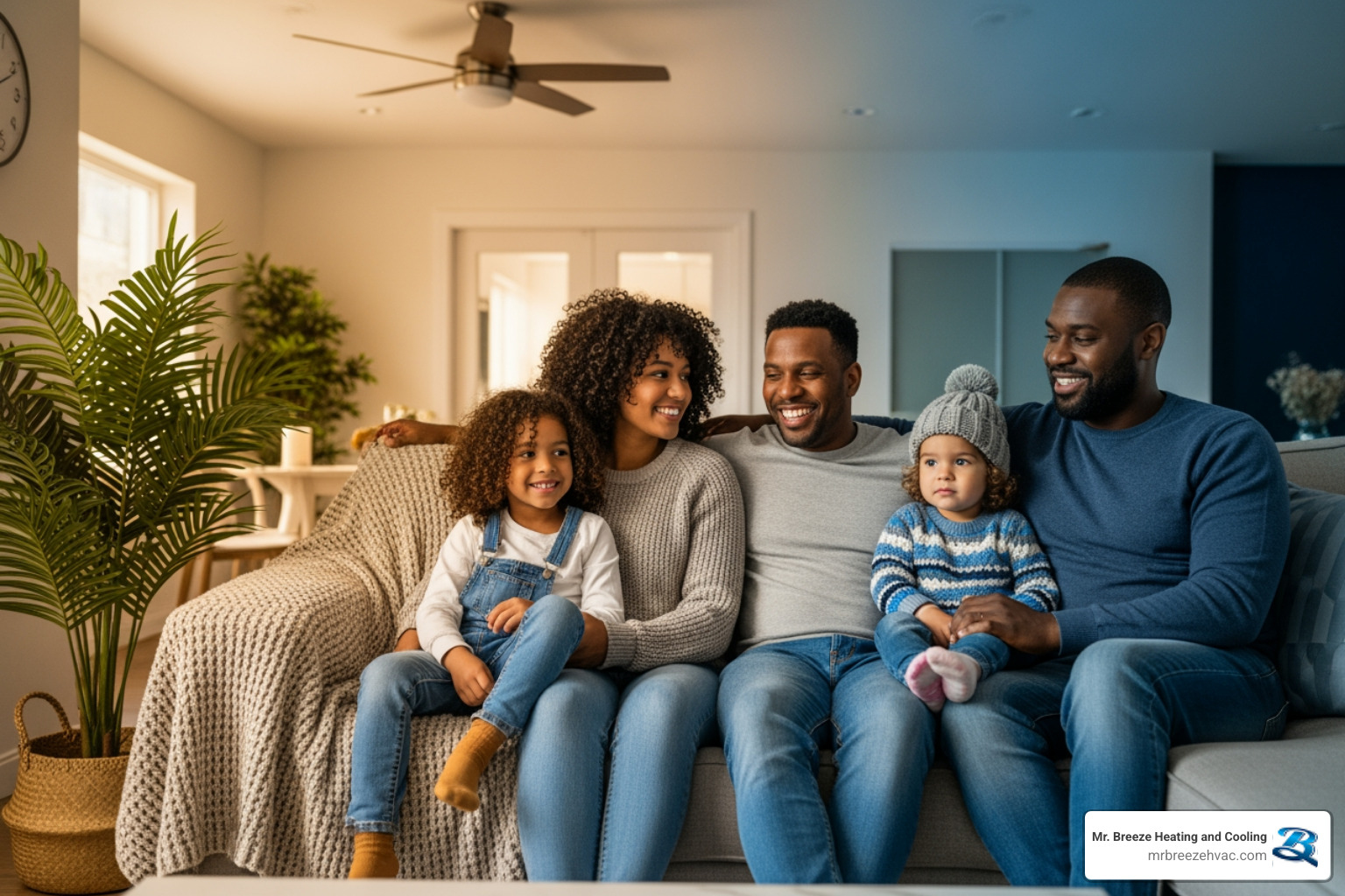 family enjoying a comfortable living room, with subtle indicators of both warm and cool seasons - heat pump replacement in basehor, ks