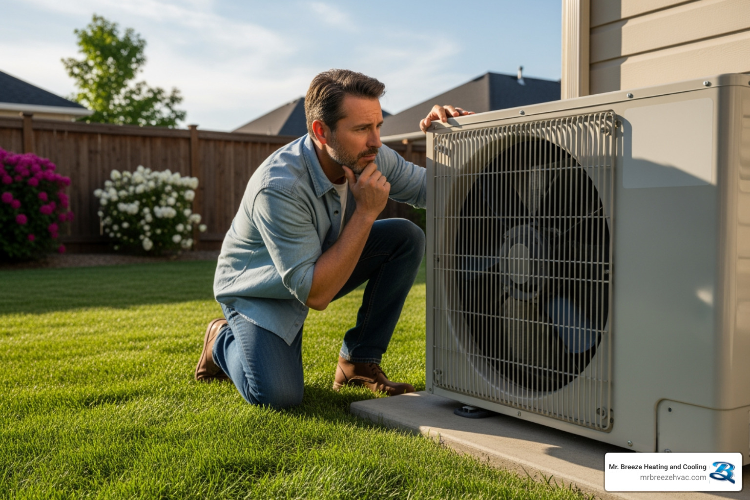 A homeowner inspecting the outdoor unit of their heat pump, looking for signs of wear or malfunction - heat pump service in basehor, ks