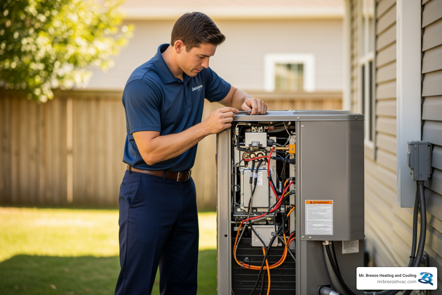 A professional technician performing maintenance on a heat pump, checking connections and components - heat pump service in basehor, ks