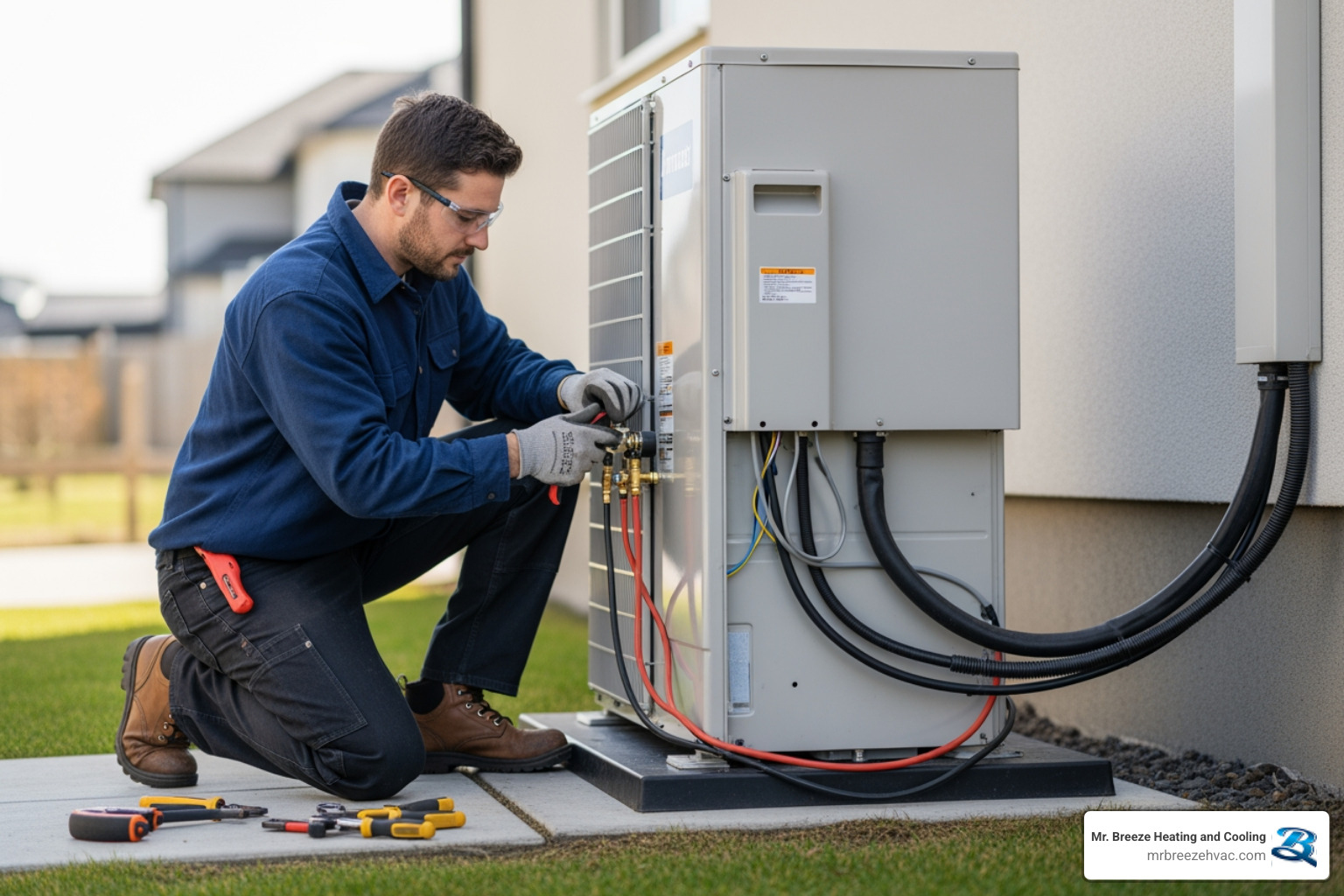 certified technician carefully installing a new heat pump system - heat pump replacement in shawnee, ks certified technician carefully installing a new heat pump system - heat pump replacement in shawnee, ks