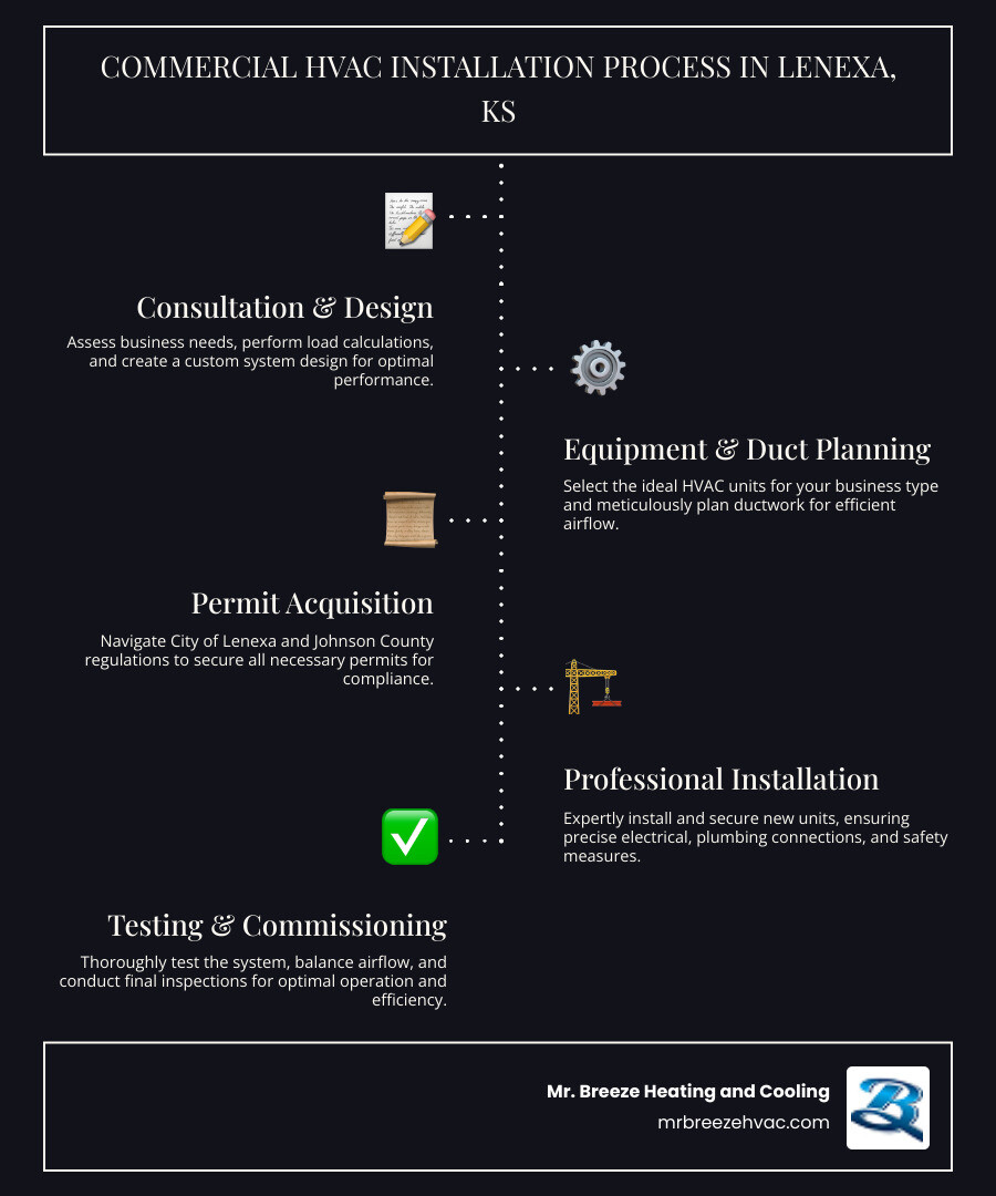 Infographic showing the commercial HVAC installation process in Lenexa, KS: Initial consultation and needs assessment, load calculation and system design, equipment selection for business type, ductwork planning, permit acquisition through City of Lenexa, professional installation and secure mounting, electrical and plumbing connections, system testing and air balancing, final inspection and commissioning - commercial hvac installation in lenexa, ks infographic infographic-line-5-steps-dark Infographic showing the commercial HVAC installation process in Lenexa, KS: Initial consultation and needs assessment, load calculation and system design, equipment selection for business type, ductwork planning, permit acquisition through City of Lenexa, professional installation and secure mounting, electrical and plumbing connections, system testing and air balancing, final inspection and commissioning - commercial hvac installation in lenexa, ks infographic infographic-line-5-steps-dark