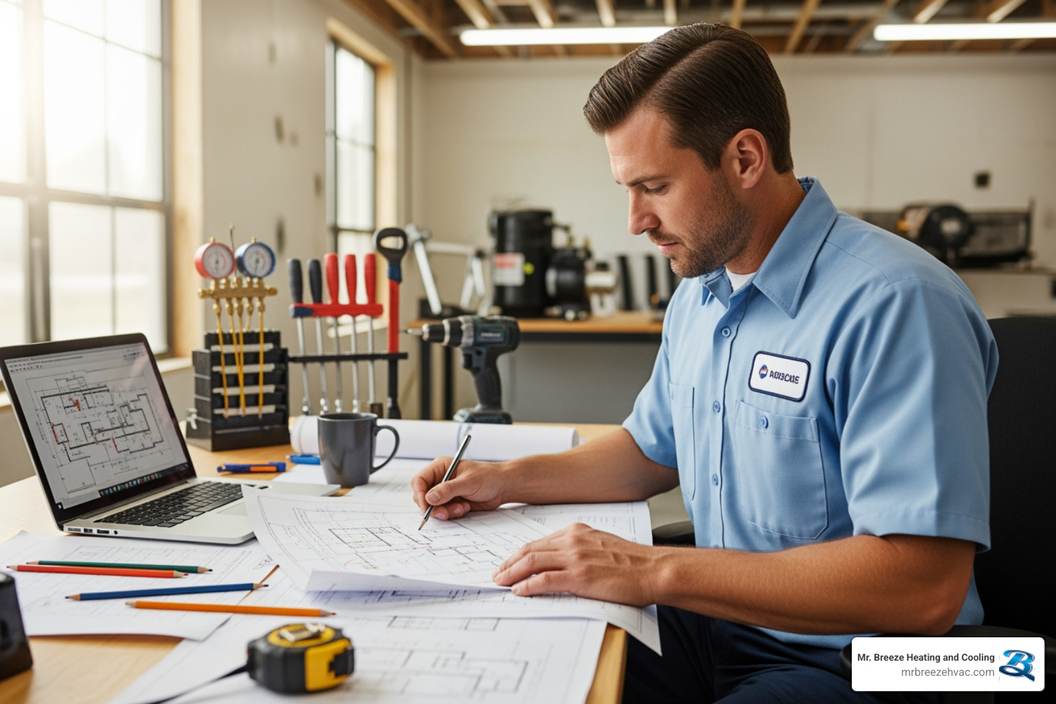 a technician reviewing blueprints for a commercial space - commercial hvac installation in lenexa, ks a technician reviewing blueprints for a commercial space - commercial hvac installation in lenexa, ks