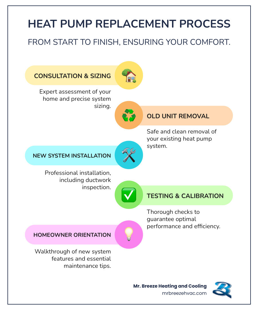 Infographic showing the heat pump replacement process: consultation and system assessment, removal of old equipment, new system installation with ductwork inspection, testing and calibration, and homeowner walkthrough with maintenance tips - heat pump system replacement in lenexa, ks infographic infographic-line-5-steps-colors Infographic showing the heat pump replacement process: consultation and system assessment, removal of old equipment, new system installation with ductwork inspection, testing and calibration, and homeowner walkthrough with maintenance tips - heat pump system replacement in lenexa, ks infographic infographic-line-5-steps-colors