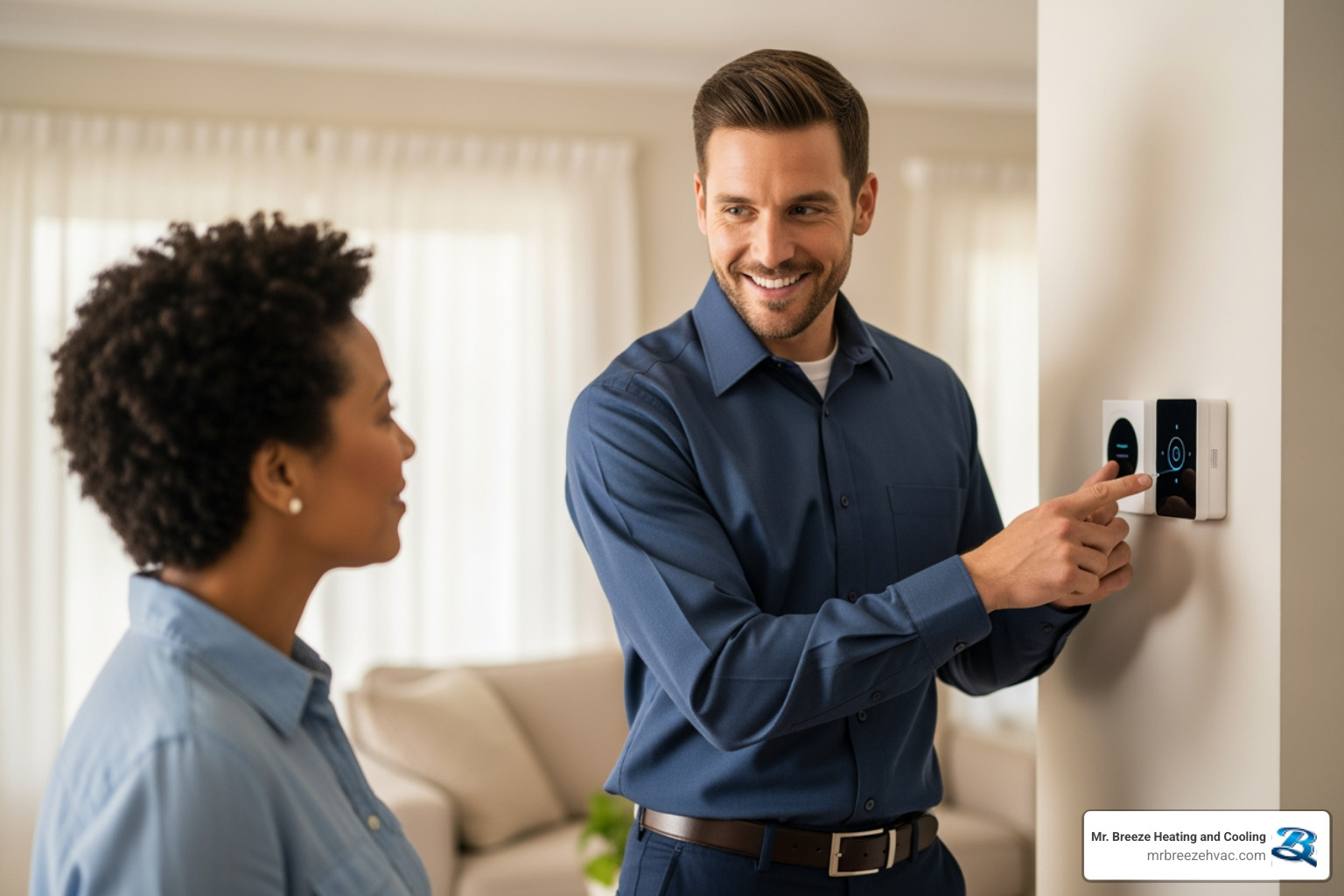 technician explaining a new thermostat to a homeowner - heat pump system replacement in lenexa, ks technician explaining a new thermostat to a homeowner - heat pump system replacement in lenexa, ks