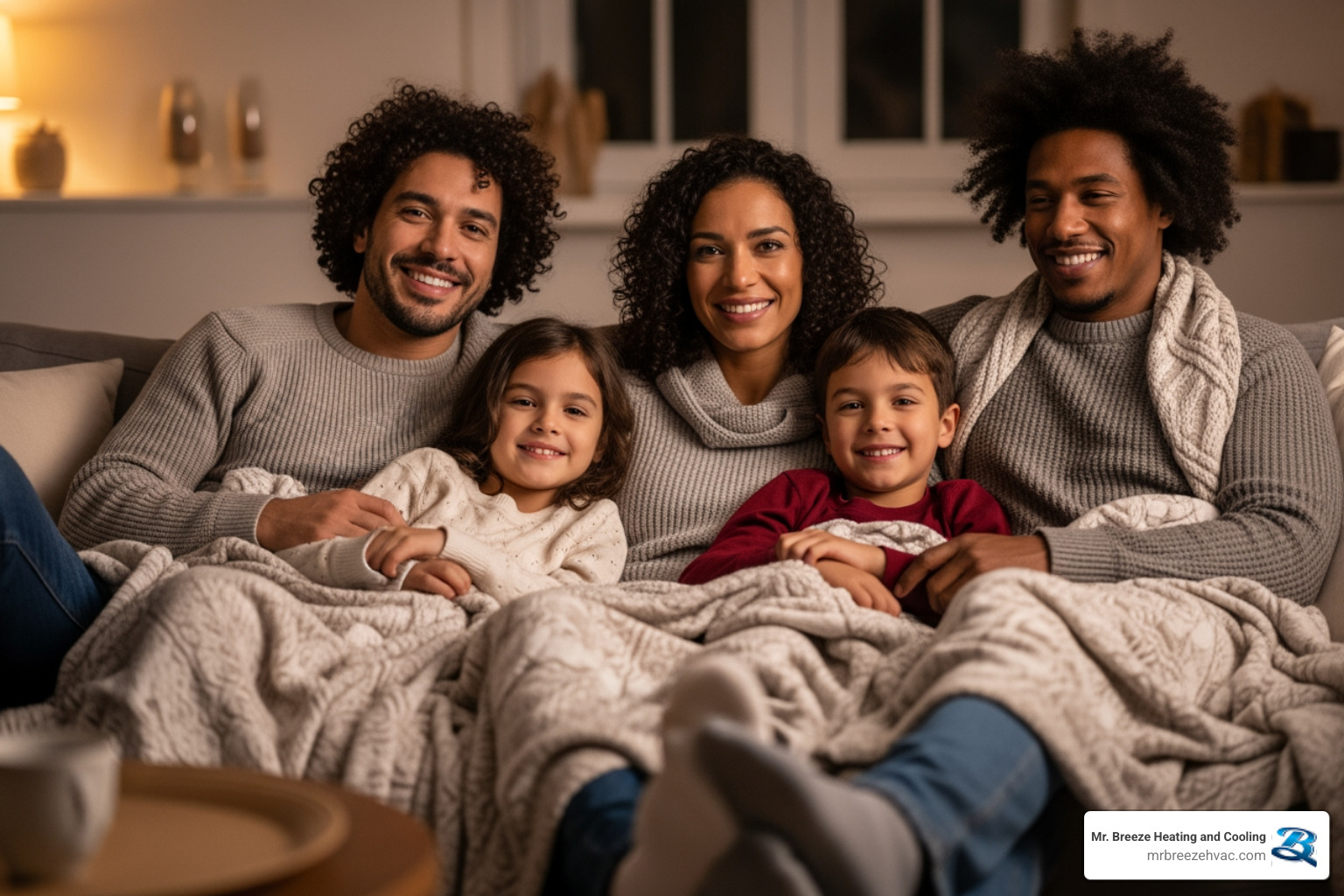 family relaxing comfortably in their living room during winter - heat pump system replacement in lenexa, ks family relaxing comfortably in their living room during winter - heat pump system replacement in lenexa, ks