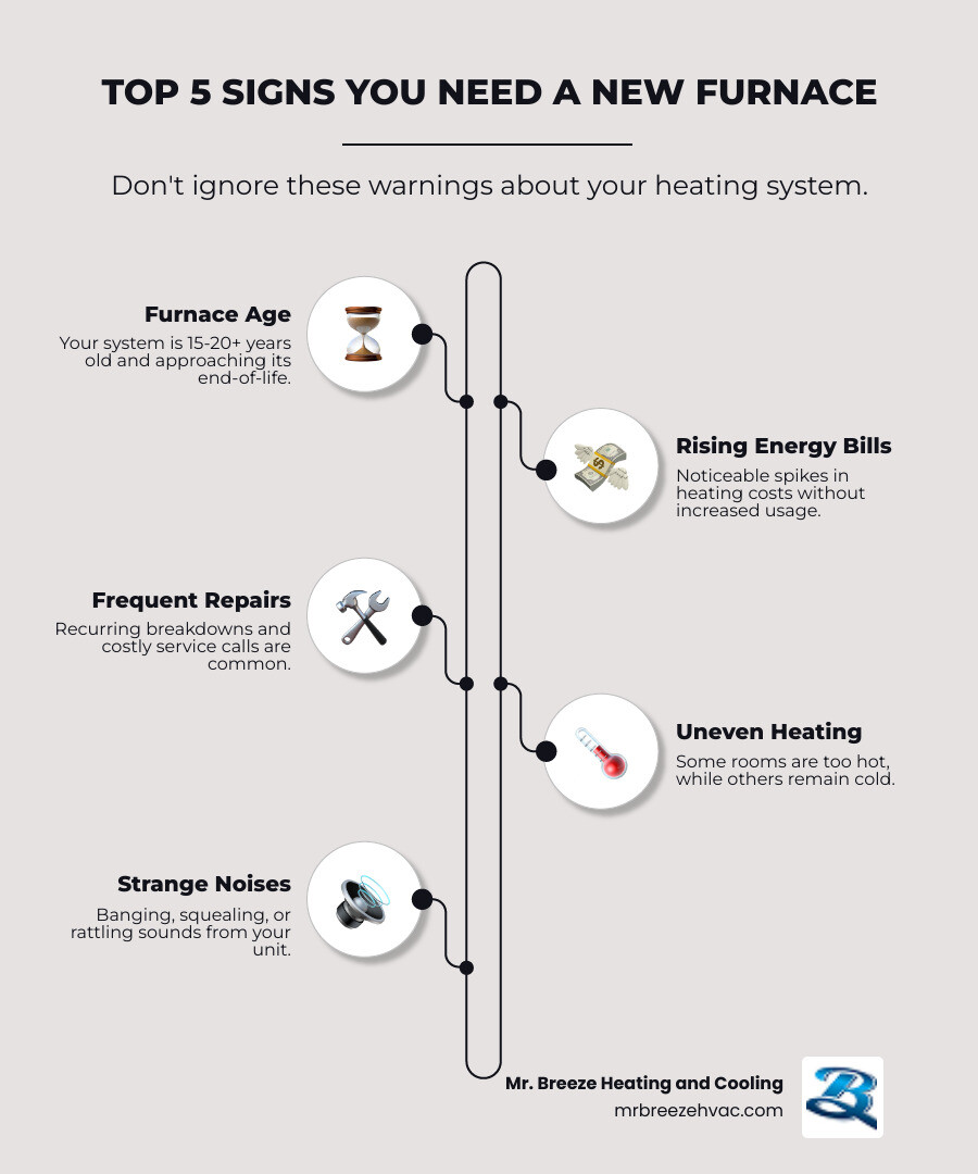 Infographic showing the top 5 signs you need a new furnace: system age over 15-20 years, rising energy bills, frequent repair calls, uneven room temperatures, and unusual noises like banging or squealing - heating installation in bonner springs, ks infographic infographic-line-5-steps-elegant_beige Infographic showing the top 5 signs you need a new furnace: system age over 15-20 years, rising energy bills, frequent repair calls, uneven room temperatures, and unusual noises like banging or squealing - heating installation in bonner springs, ks infographic infographic-line-5-steps-elegant_beige