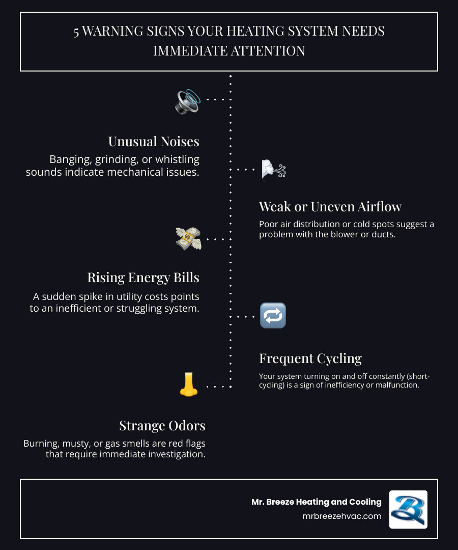 Infographic showing five warning signs your heating system needs immediate professional attention: banging or grinding noises, weak or uneven airflow, sudden increases in energy bills, frequent on-off cycling, and strange burning or musty odors - heating repair fairmount ks infographic infographic-line-5-steps-dark