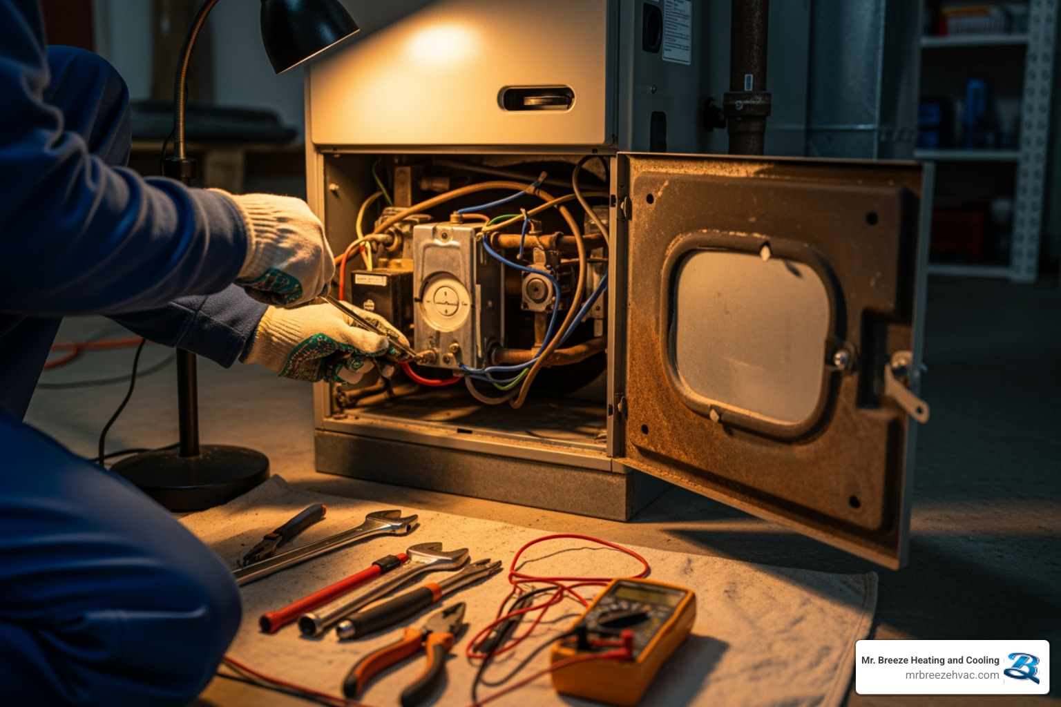 Infographic showing five critical warning signs your heating system needs immediate repair: 1) Strange banging or grinding noises from the furnace, 2) Burning or rotten egg smells, 3) Uneven heating throughout your home, 4) Sudden spike in energy bills, 5) Furnace won't turn on or cycles constantly - heating repair in easton, ks