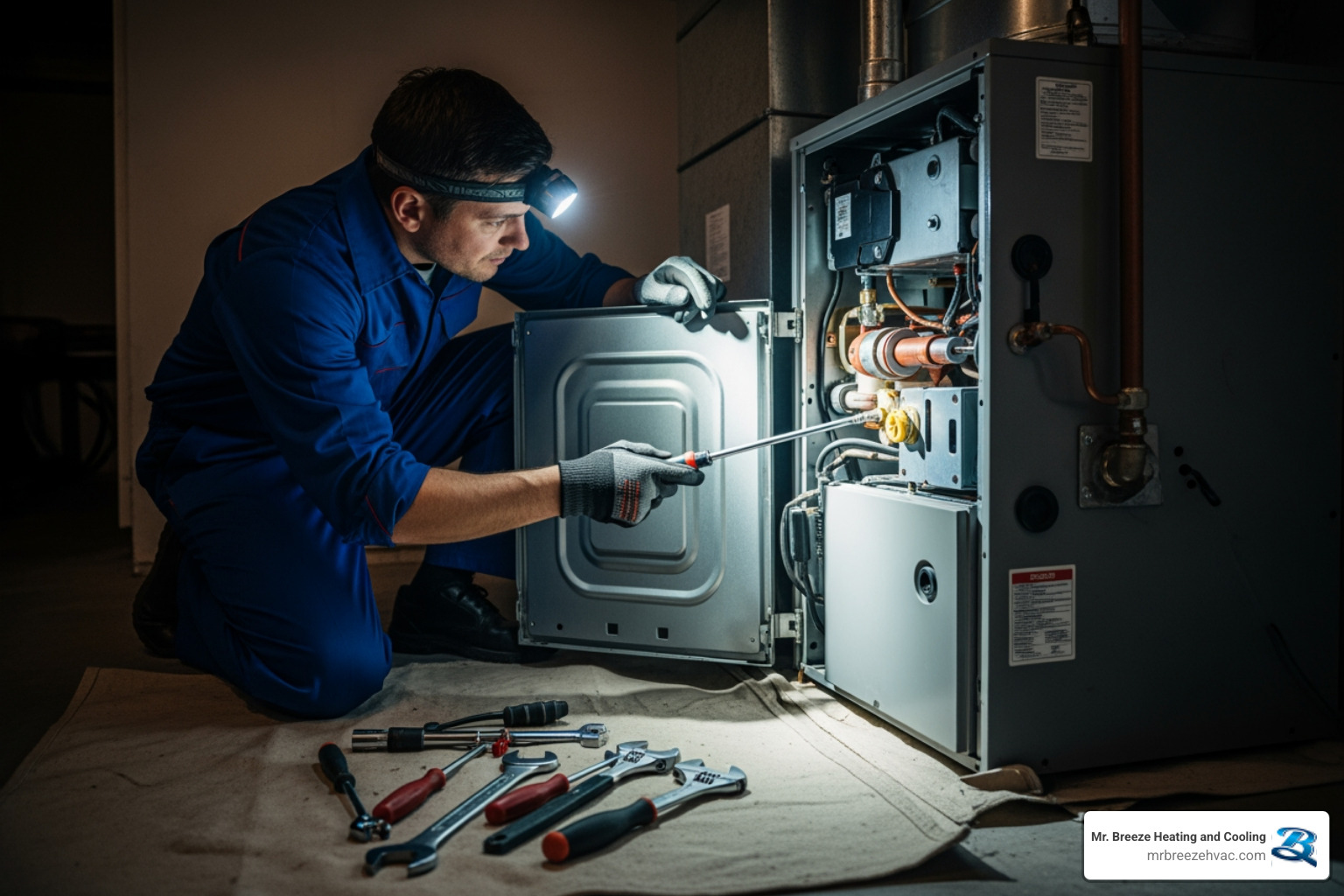 infographic showing five warning signs requiring emergency heating repair: no heat coming from vents, strange banging or scraping noises, burning or gas smells, yellow or flickering pilot light, and thermostat not responding - 24 hour heating repair in basehor, ks