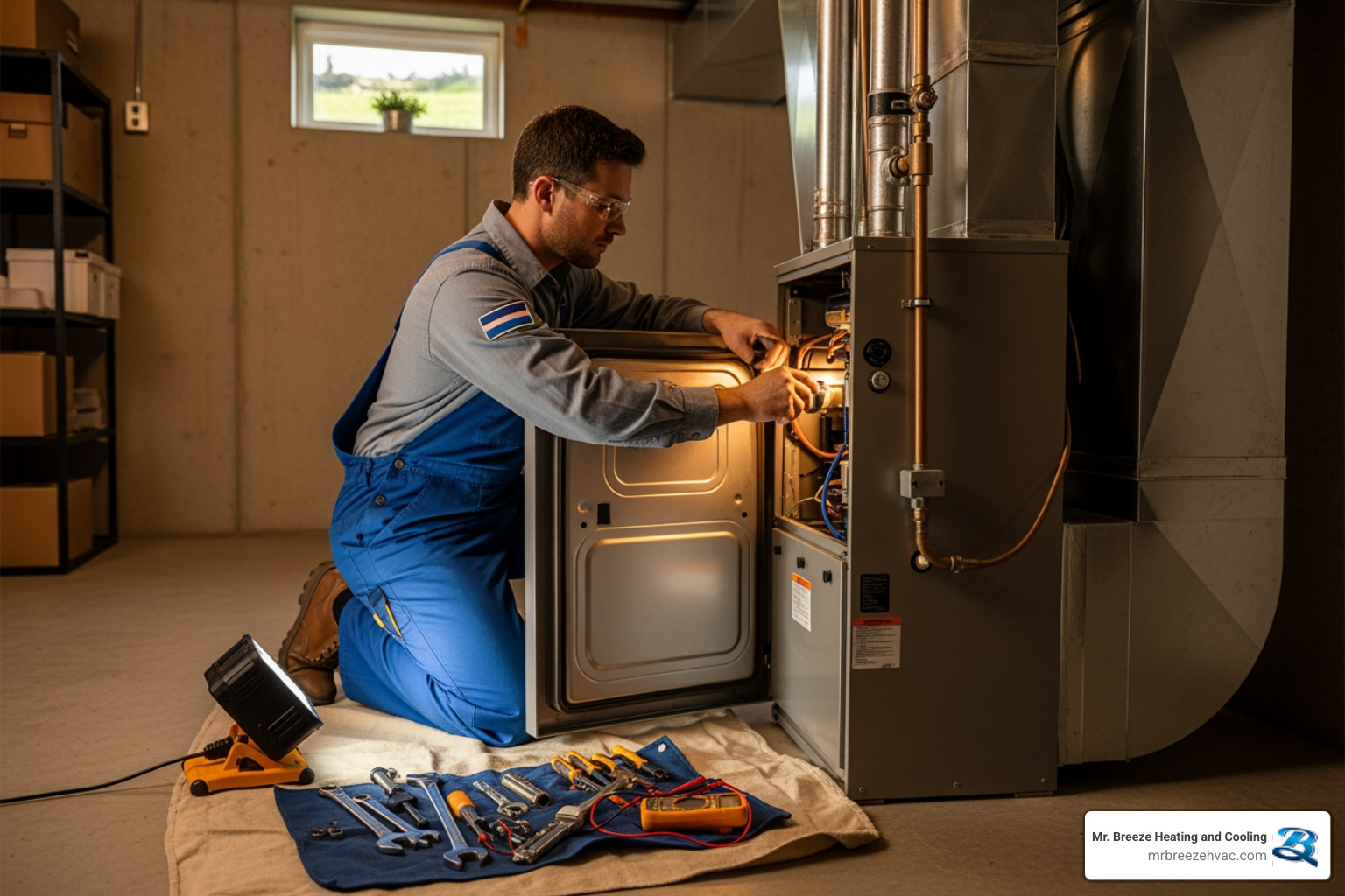 Infographic showing key signs your heating system needs service: strange noises like banging or rattling, uneven temperatures between rooms, rising energy bills without increased usage, frequent on-off cycling, yellow pilot light or burning smell, and system age over 15 years - heating service leavenworth ks