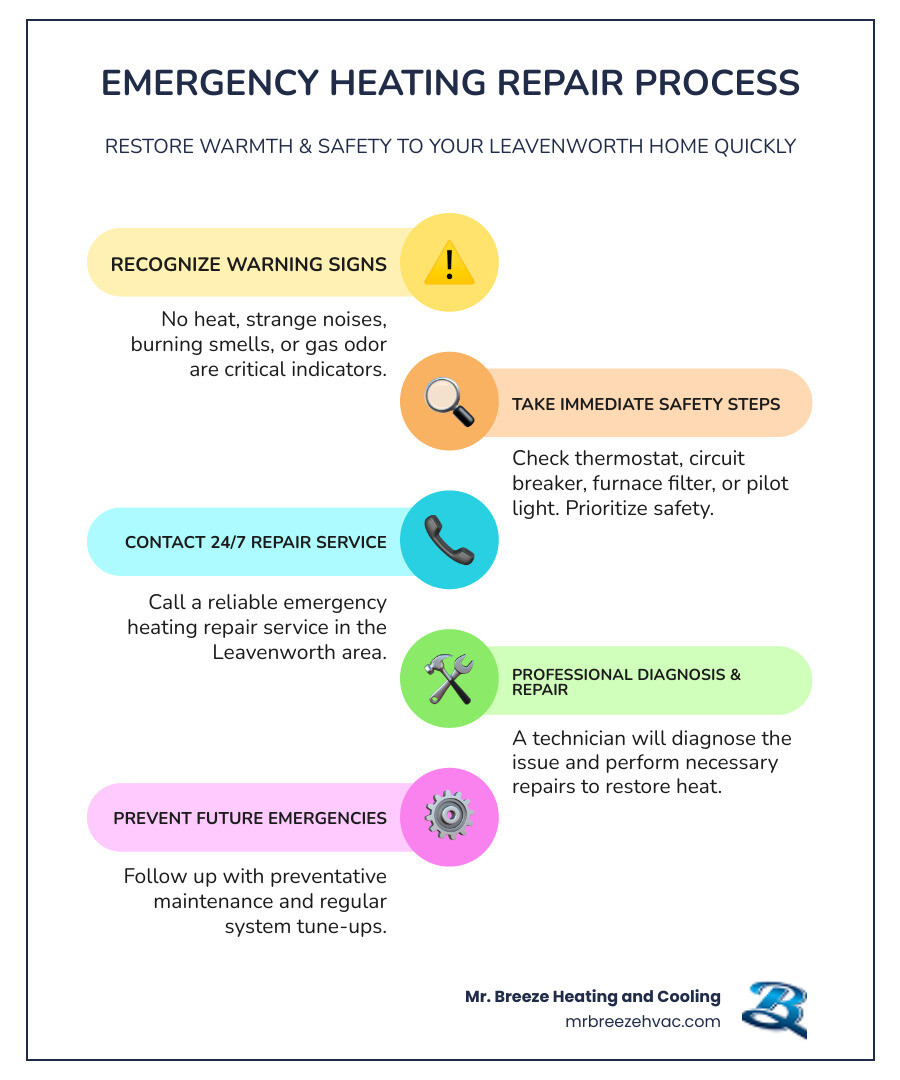 Infographic showing emergency heating repair process: 1. Recognize warning signs like no heat or strange noises, 2. Take immediate safety steps including checking thermostat and circuit breaker, 3. Contact 24/7 emergency repair service, 4. Professional technician arrives for diagnosis and repair, 5. Follow up with preventative maintenance to avoid future emergencies - "I need emergency heating repair services in the Leavenworth area." infographic infographic-line-5-steps-colors