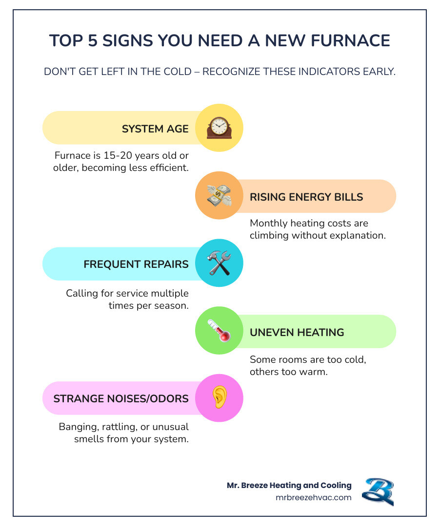 Infographic showing the top 5 signs you need a new furnace: system age over 15 years, rising energy bills, frequent costly repairs, uneven heating throughout the home, and strange noises or odors coming from the unit - heating replacement bonner springs ks infographic infographic-line-5-steps-colors Infographic showing the top 5 signs you need a new furnace: system age over 15 years, rising energy bills, frequent costly repairs, uneven heating throughout the home, and strange noises or odors coming from the unit - heating replacement bonner springs ks infographic infographic-line-5-steps-colors