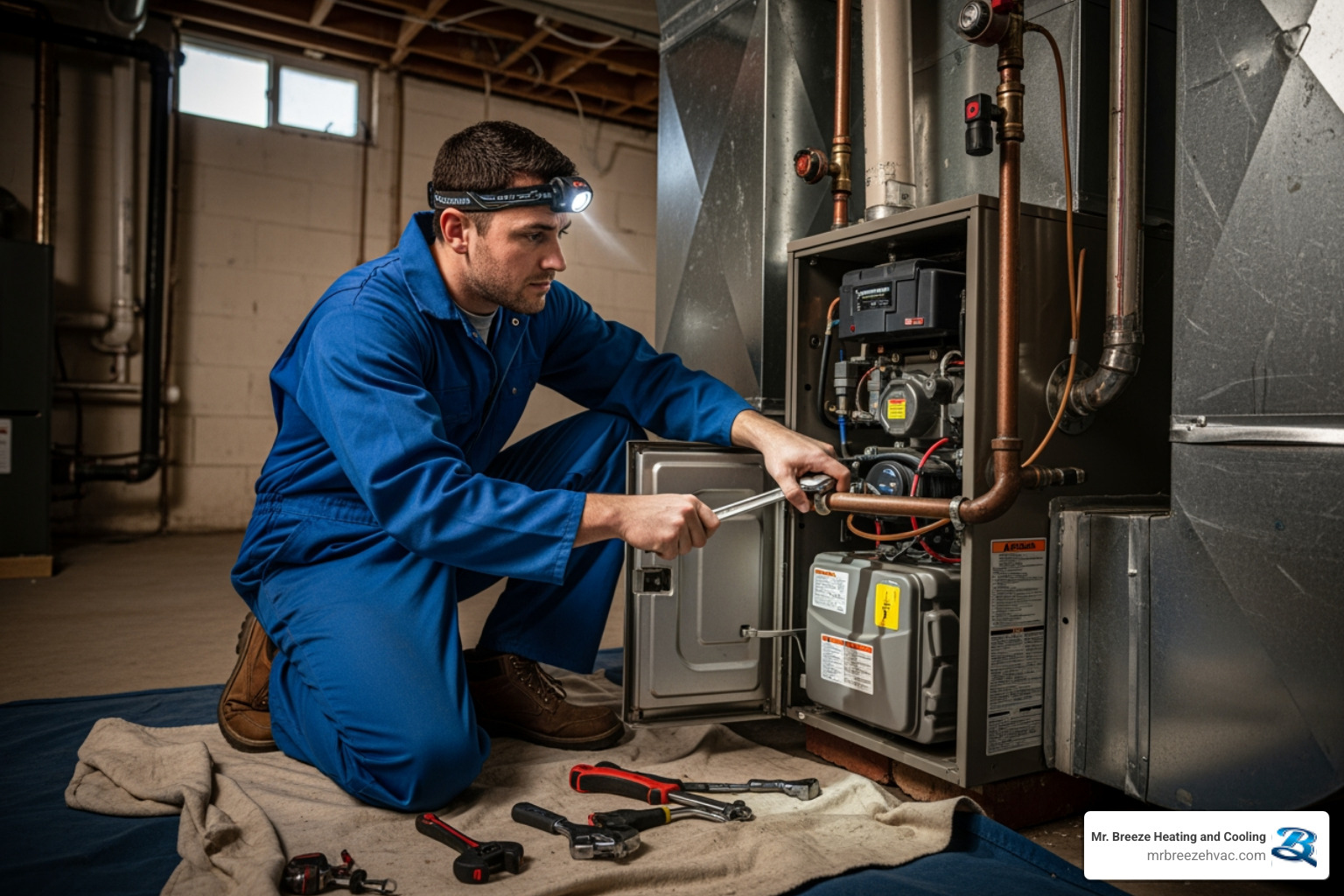 Infographic showing 5 warning signs your heating system needs immediate repair: 1) Uneven temperatures between rooms or floors 2) Strange banging, rattling, or squealing noises from furnace 3) Yellow pilot light or burning smell indicating gas issues 4) System cycling on and off more frequently than normal 5) Sudden spike in winter energy bills without increased usage - heating repair in tonganoxie, ks