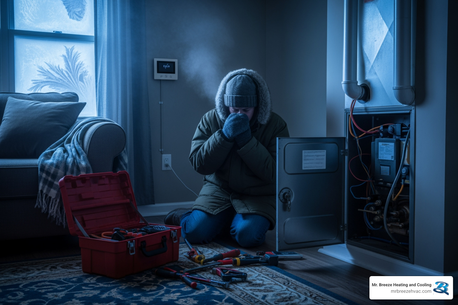 family wrapped in blankets on couch in cold living room - "It's freezing and my heat is out. I need emergency heating repair in Leawood, KS."