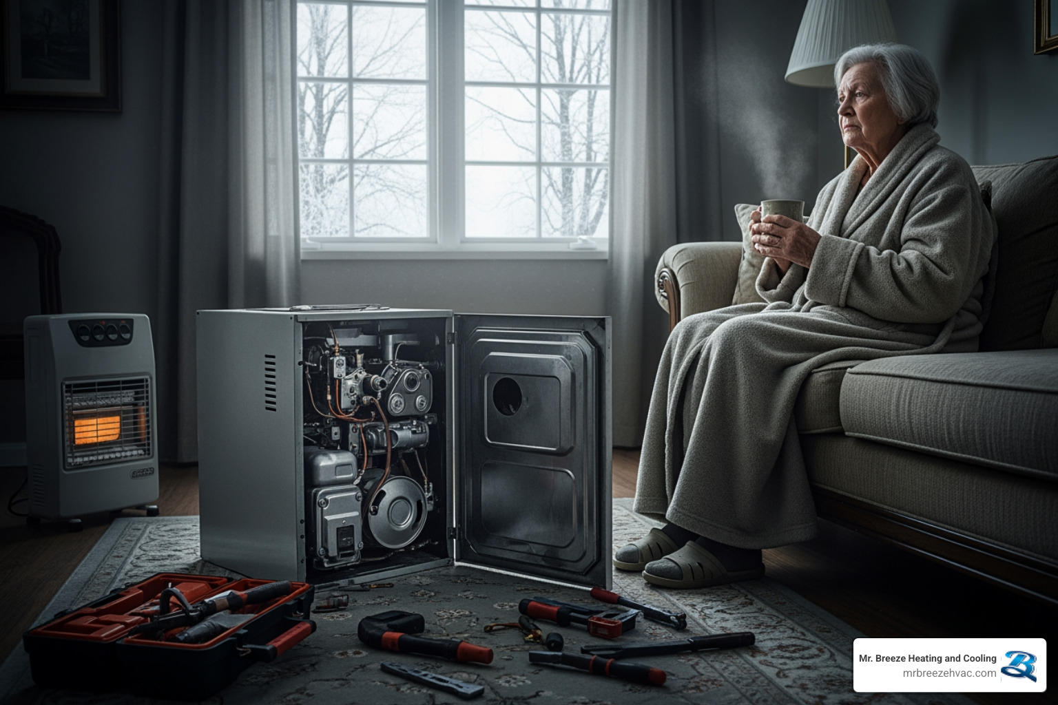 infographic showing four steps when heat goes out: step one check thermostat settings and batteries, step two verify circuit breaker and furnace switch are on, step three stay warm by layering clothes and gathering in one room, step four call emergency HVAC service immediately - "It's freezing and my heat is out. I need emergency heating repair in Leawood, KS."