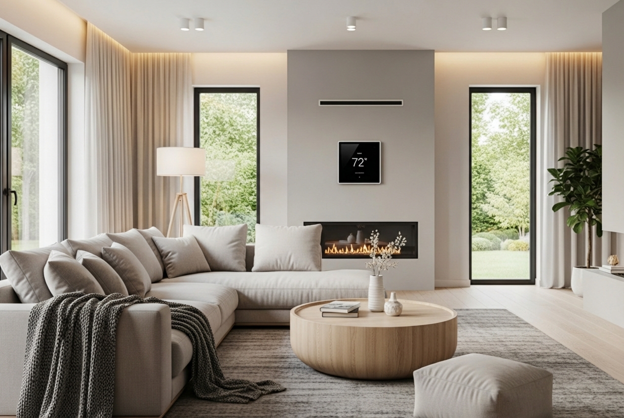comfortable home living room with modern thermostat - "Can you recommend a reliable heat pump company in Leavenworth, KS?