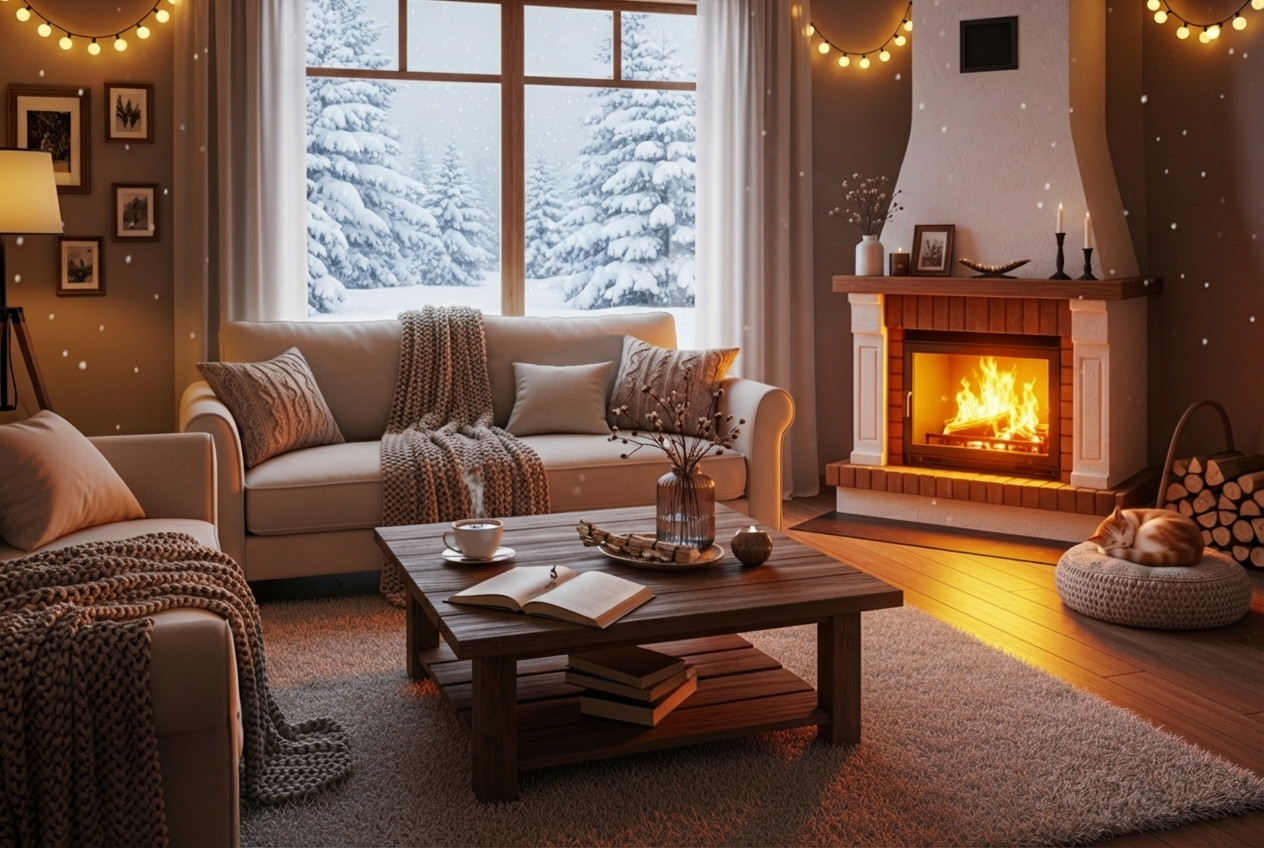 cozy living room with snow outside window - heating tune up shawnee ks