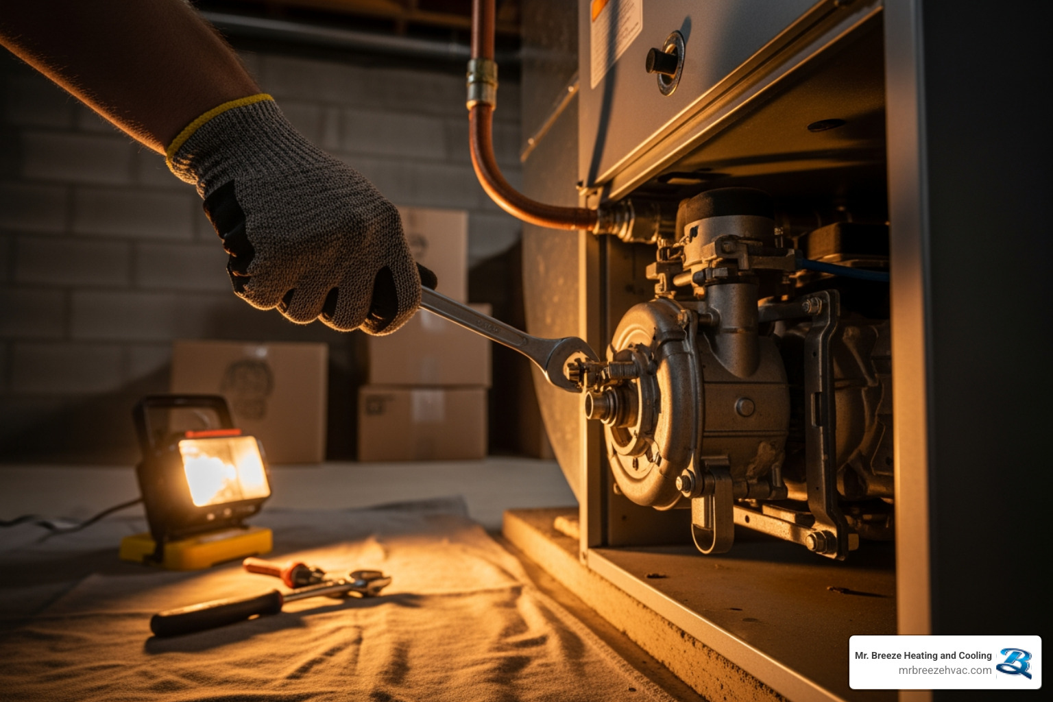 Infographic showing 5 warning signs your heating system needs emergency service: 1) Strange burning or gas odors, 2) Loud banging or scraping noises, 3) No heat or cold air from vents, 4) System won't turn on or keeps cycling, 5) Yellow pilot light or visible smoke - emergency heating tune up in bonner springs, ks