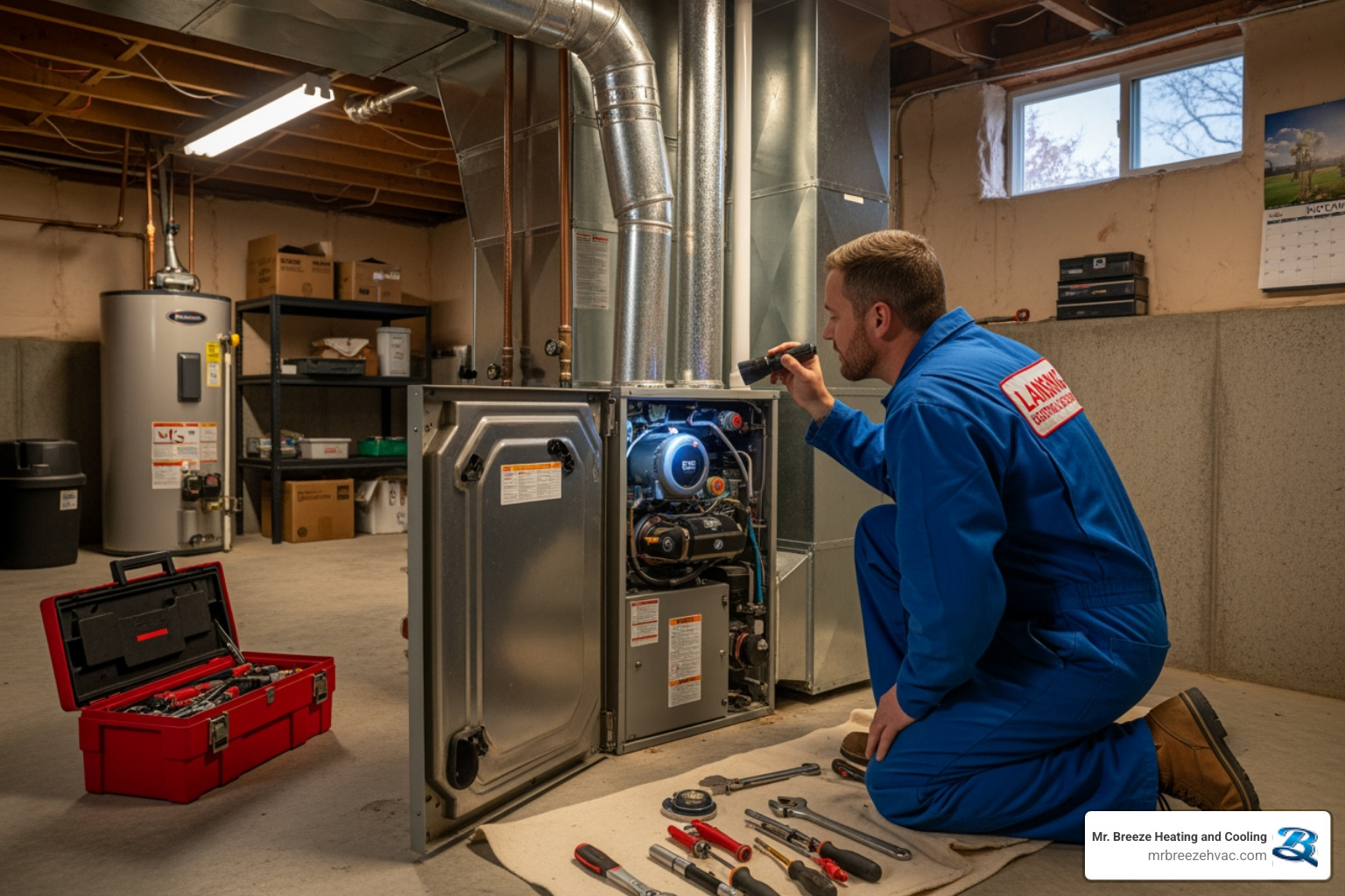 infographic showing three main benefits of heating maintenance: improved efficiency with dollar sign and downward arrow, improved safety with shield icon and checkmark, and extended system lifespan with furnace icon and upward timeline arrow - heating maintenance lansing ks