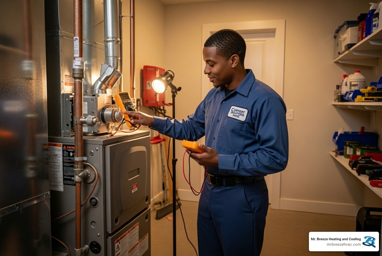 infographic showing benefits of annual furnace maintenance including improved efficiency, lower bills, extended lifespan, enhanced safety, better air quality, and warranty protection - heating maintenance bonner springs ks