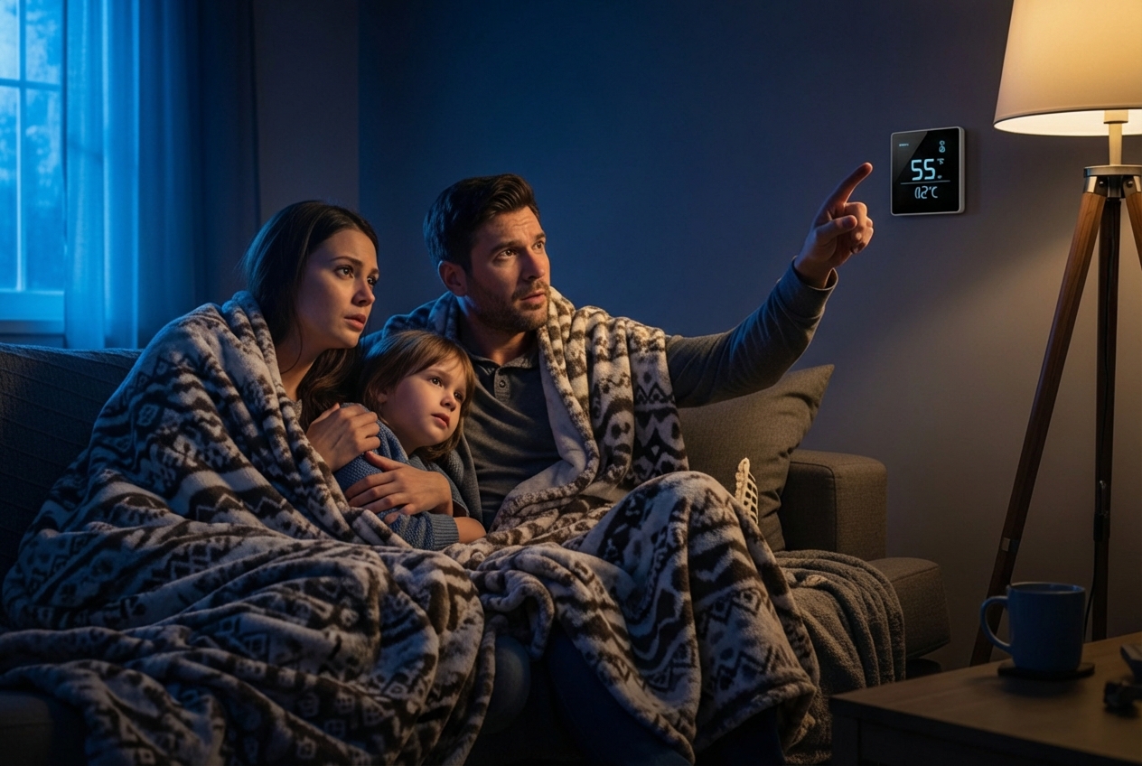 family wrapped in blankets looking at a thermostat - 24 hour furnace repair in leavenworth, ks family wrapped in blankets looking at a thermostat - 24 hour furnace repair in leavenworth, ks