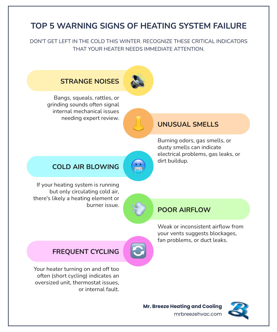 infographic showing top 5 warning signs a heating system is about to fail including strange noises unusual smells cold air poor airflow and frequent cycling - 24 hour heating maintenance in basehor, ks infographic infographic-line-5-steps-colors