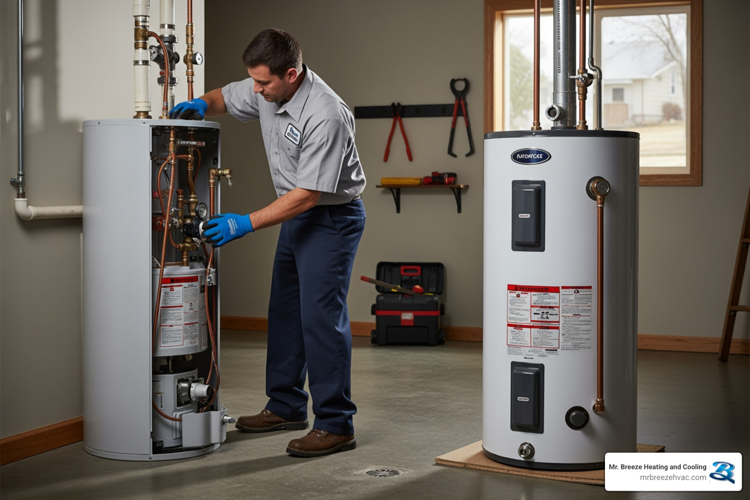 Infographic showing the water heater replacement process in Leavenworth KS: Step 1 - Professional assessment of current system and household needs; Step 2 - Selection of appropriate unit type (tank, tankless, or hybrid); Step 3 - Safe removal of old water heater; Step 4 - Installation of new unit following local building codes; Step 5 - Testing, calibration, and safety inspection; Timeline shows tank replacement takes 1-3 hours, tankless takes 2-3 hours, with same-day service available for emergencies - water heater replacement leavenworth ks